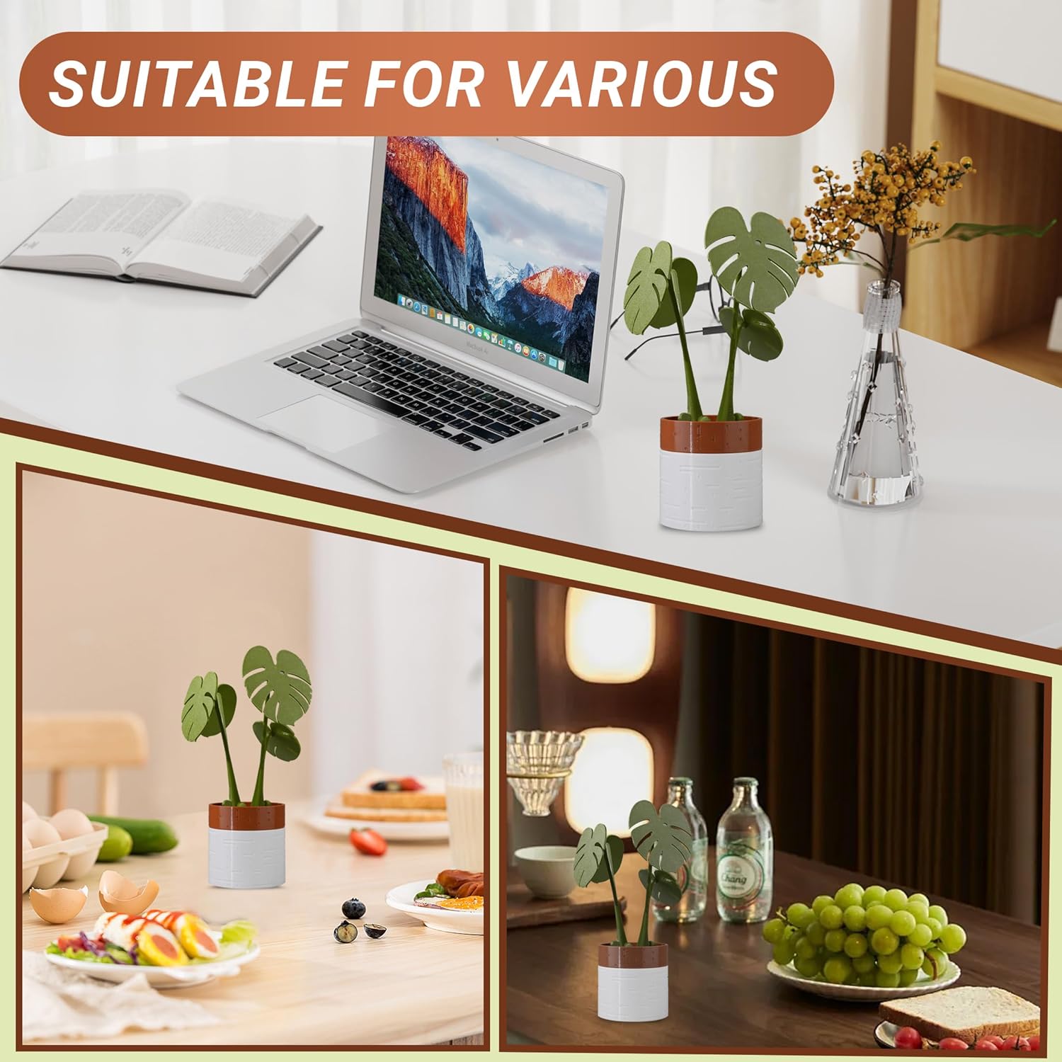 Monstera Plant Coasters Set 3D Printed, Waterproof&Anti-Scald Plant Coaster, Funny 3D Printed Coasters Magnetically, Reusable Creative Coaster Plant for Dining Table, Office Desk(White Flower Pots)