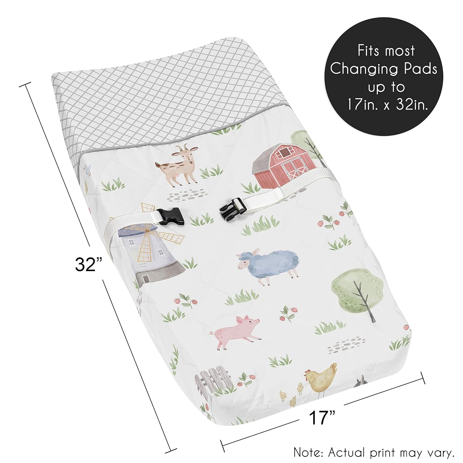 Sweet Jojo Designs Farm Animals Boy or Girl Baby Nursery Changing Pad Cover - Watercolor Farmhouse Lattice Horse Cow Sheep Pig