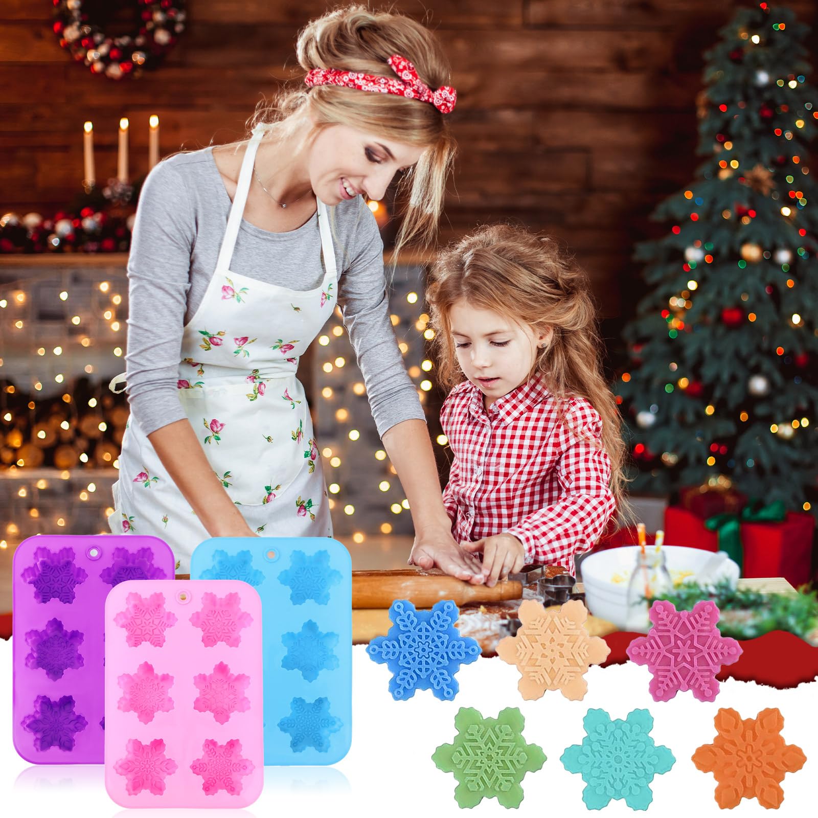 Moldes de copo de nieve, 3 bandejas de silicona de Navidad para tartas, copos de nieve 3D, reutilizables, antiadherentes, moldes de chocolate para Navidad, magdalenas, gelatina, cubitos de hielo,