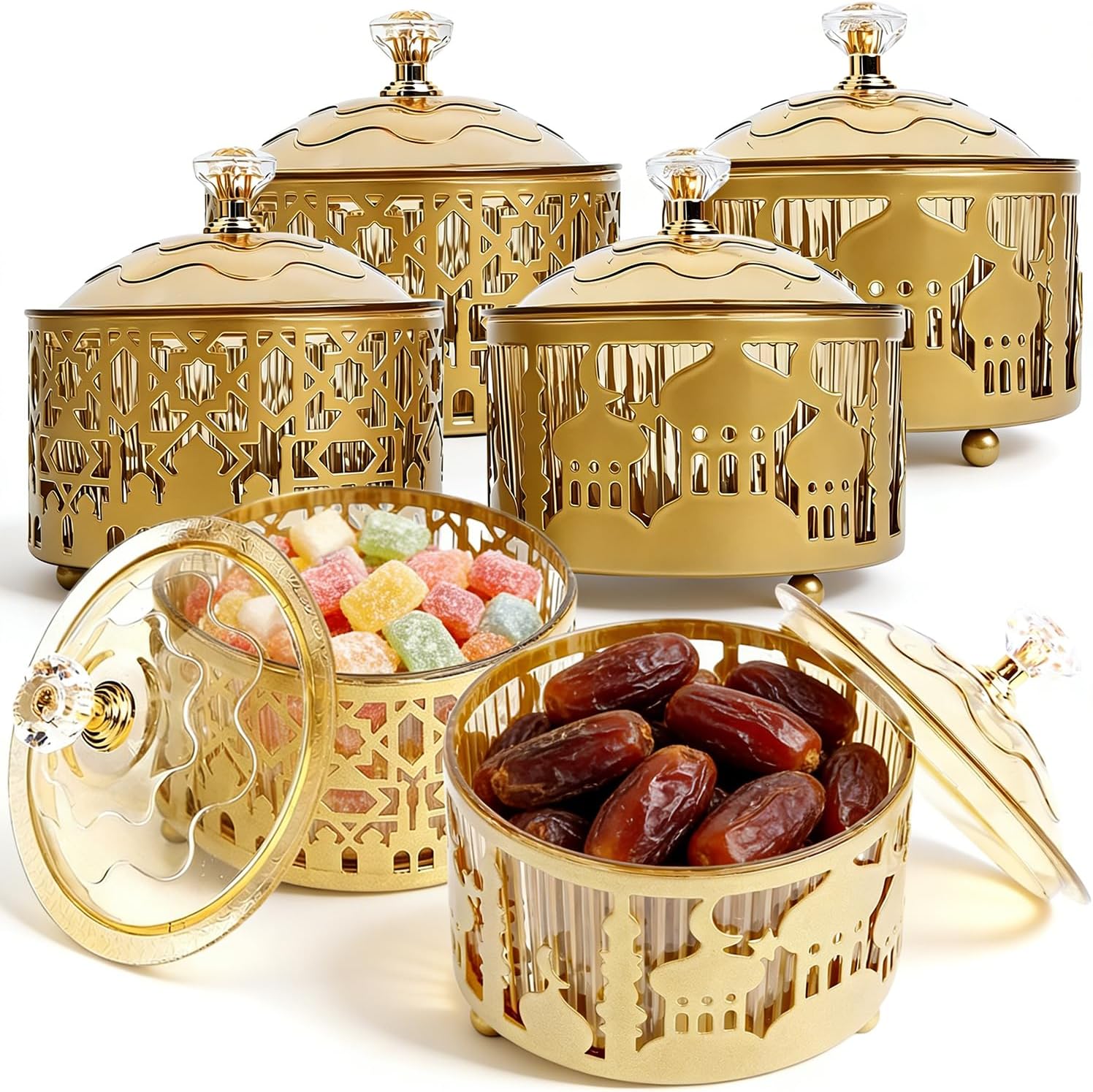 6PCS Ramadan Tray with Lid Eid Mubarak Dinner Plate Ramadan Serving Tray Muslim Islamic Dessert Trays Tableware Dessert Metal Platters Candy Storage Container Pastry Small Display Holder
