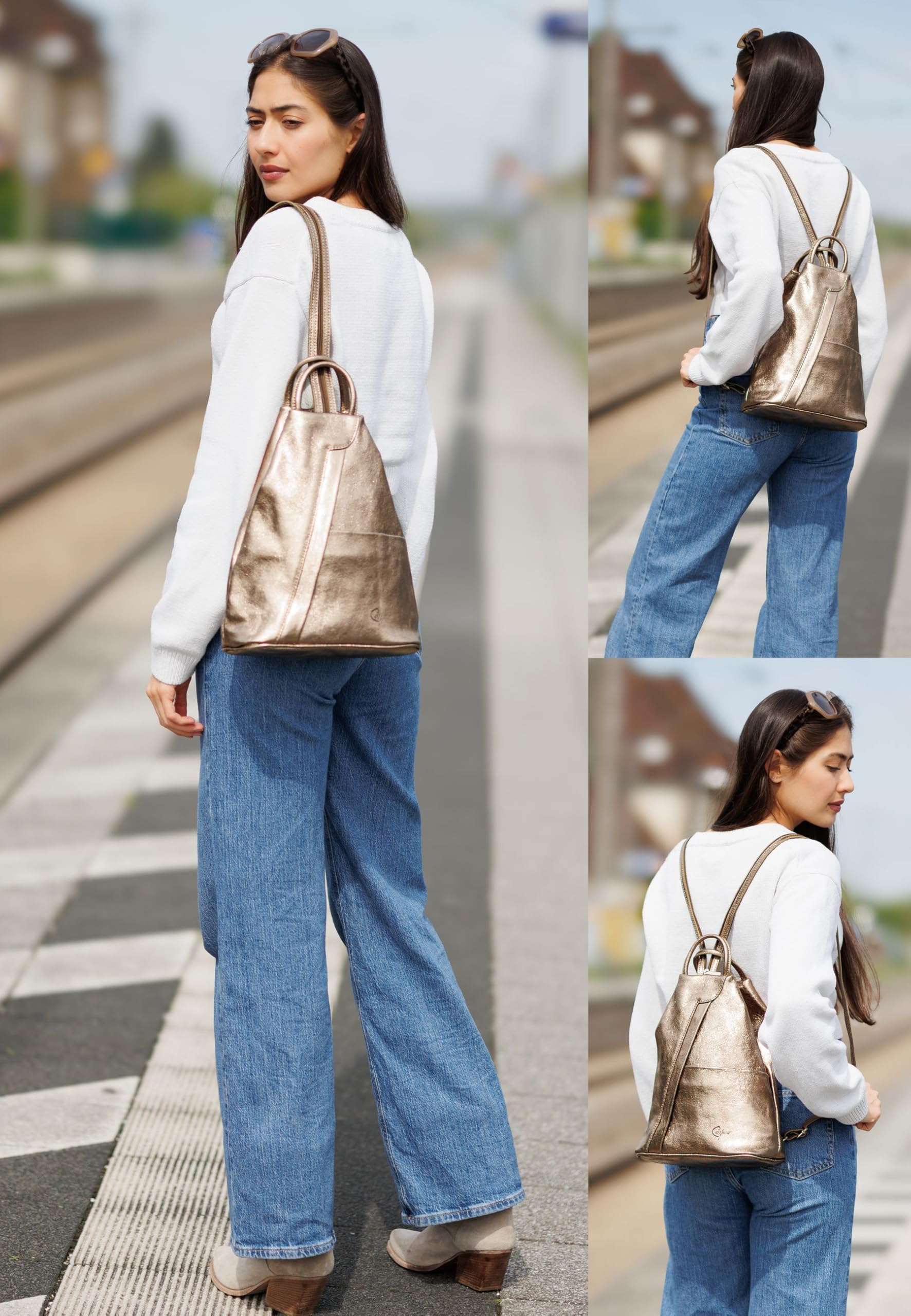 Caspar 2in1 Leder Rucksack Schultertasche Sportlich Elegante Damen Handtasche - SIGNATURE LINE - Modell No.782 - Made in Italy, Farbe:schwarz/cognac, Accessoires:One Size