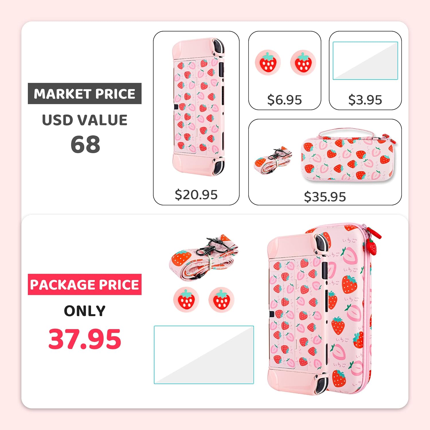 GLDRAM 6 in 1 Carrying Case Kit for Nintendo Switch OLED, Cute Travel Case with Hard Shell Skin Protective Cover, Glass Screen Protector, Thumb Grip Caps, Shoulder Strap for Girls - Pink Strawberry