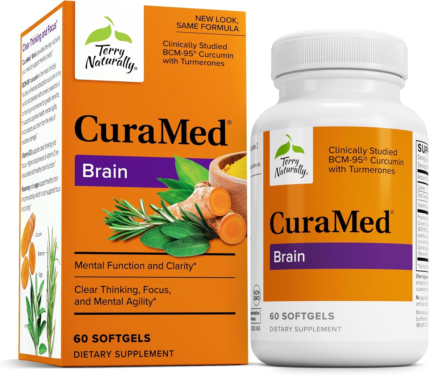 Terry Naturally Curamed Brain - 60 Softgels - BCM-95 Curcumin & Vitamin D3 Supplement, Supports Brain Health, Mental Clarity & Focus - Non-GMO, Gluten-Free - 30 Servings
