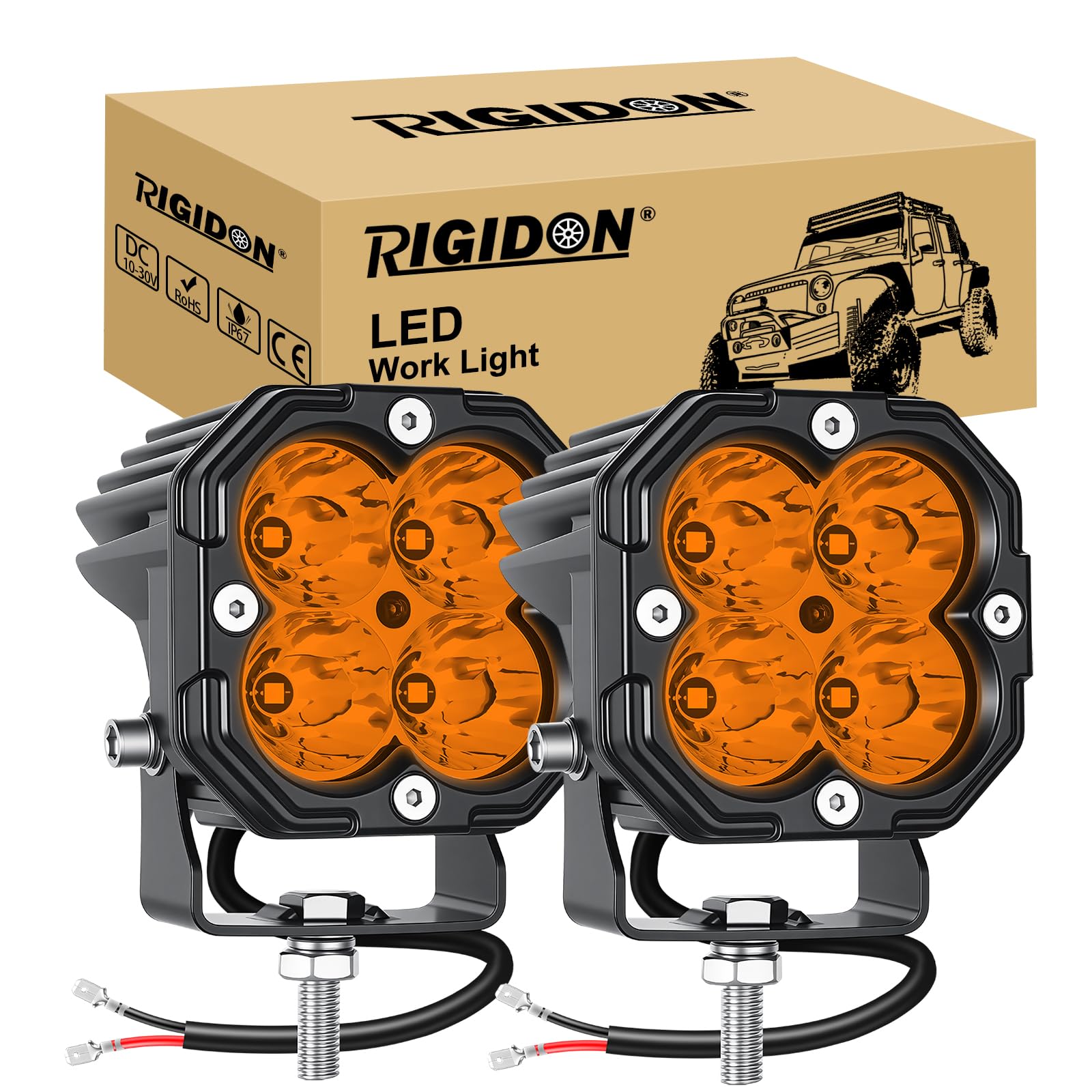 RIGIDON 2x faro trabajo led, 3 pulgadas mini 30W 3000lm focos led 12V 24V | spot lámpara, 3000K ámbar, faros antiniebla, para off road camión coche ATV SUV 4x4 tractor motocicleta, luz de conducción