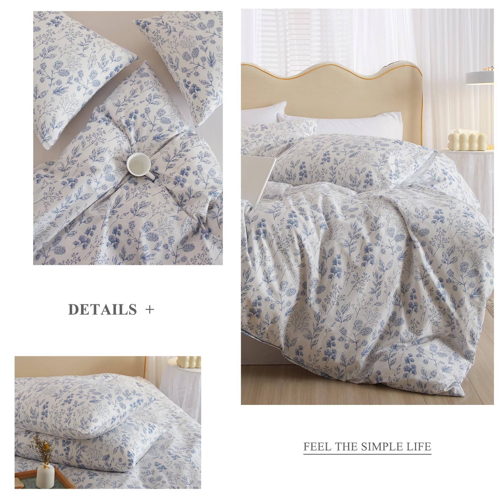 Funda de edredón de 3 piezas, tamaño Queen, funda de edredón blanca con estampado floral azul, funda de edredón de algodón suave estilo bohemio, juego de ropa de cama estético Queen con cierre de