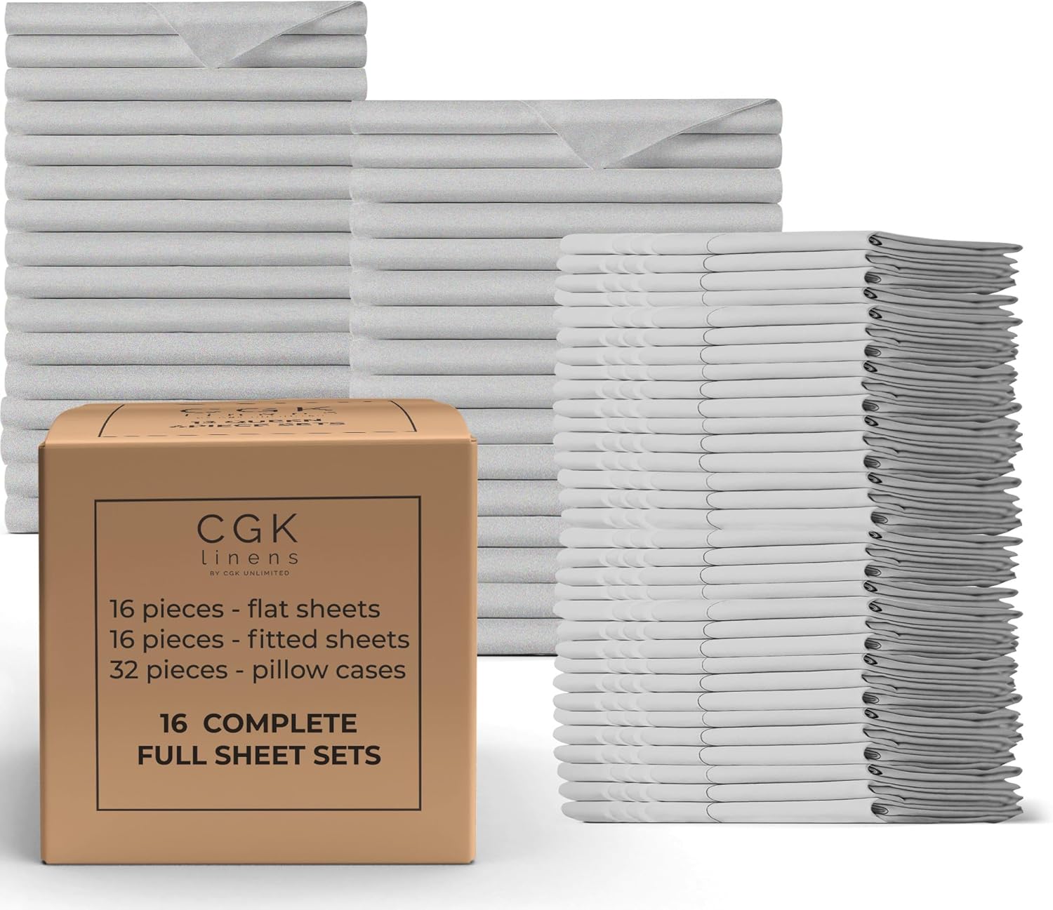 Bulk Case Pack of 16 Sheet Sets - (16) Complete Sheet Sets - Bulk Pack of Full Sheet Sets - Bulk Full Size Sheets - Wholesale Bulk Sheets for Hotels & Airbnbs - Exceptional Value - (Full, Light Grey) Full 02 - Light Grey