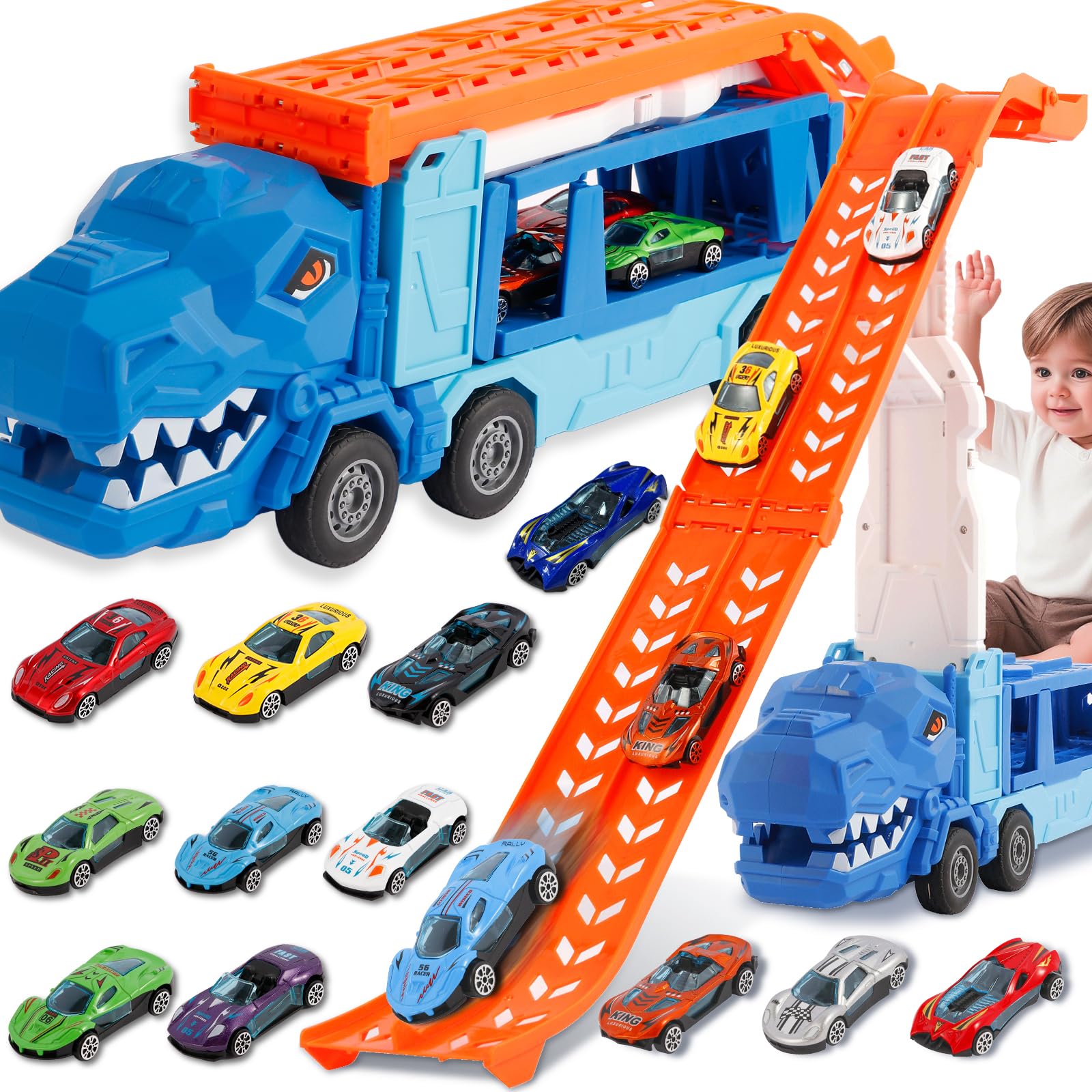 Arrytoy Transporter Truck Toys for Boy Kids, Dinosaur Foldable Portable Truck Toy with 12 Race Cars & 2 Catapult，Track Carrier Vehicles Toys gift for Boys age 3-7