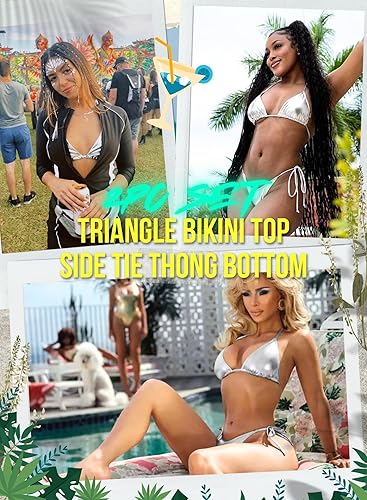 Miniatura 5 de Bikini metálico para mujer - Traje de baño retro brillante plateado dorado traje de baño triángulo, parte inferior de tanga con lazo lateral