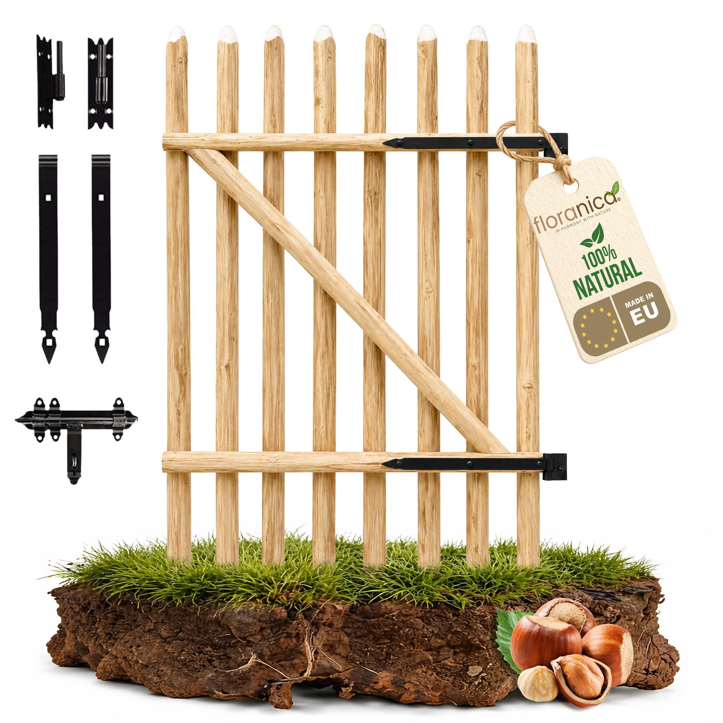 Floranica Puerta de jardín de madera de avellano para valla de estacas Altura 115 cm x 100 cm 1 hoja – lista para instalar incl. bisagras