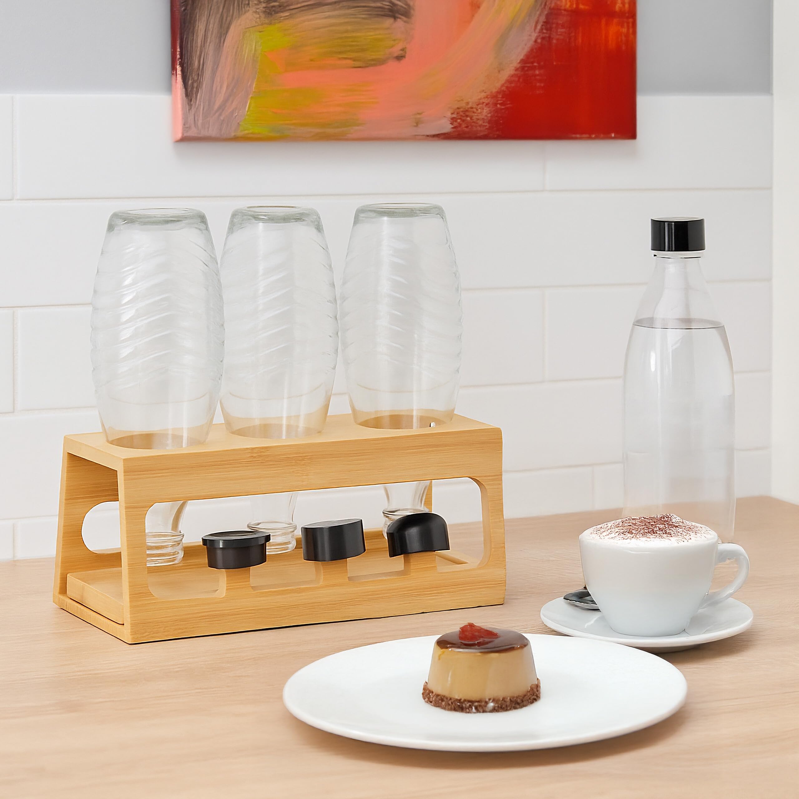 Relaxdays Suszarka na 3 butelki, kompatybilna z Sodastream, bambus, z tacą ociekową, 12,5 x 29 x 14 cm, naturalny