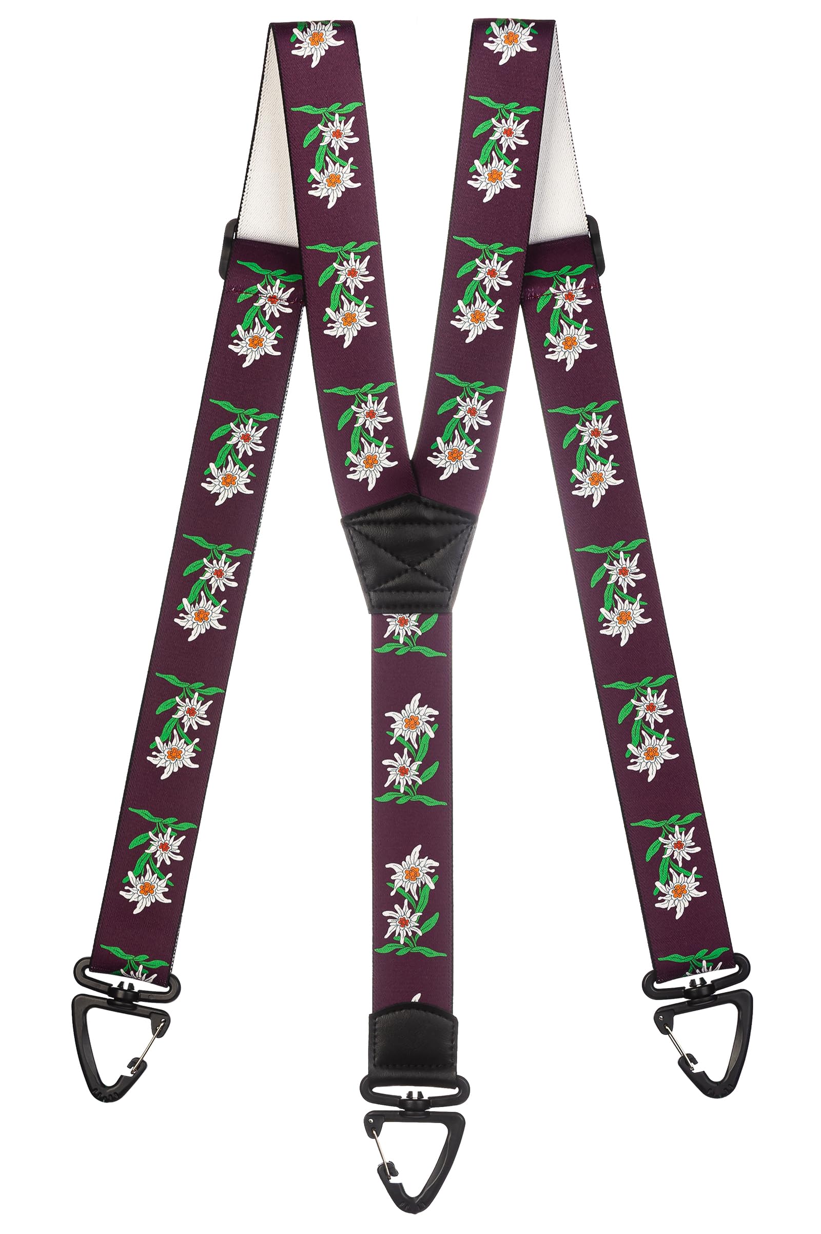 Olata Heavy Duty Y-Shape Braces/Suspenders with Edelweiss Pattern and Plastic Carabiner Clips - 4cm. Burgundy