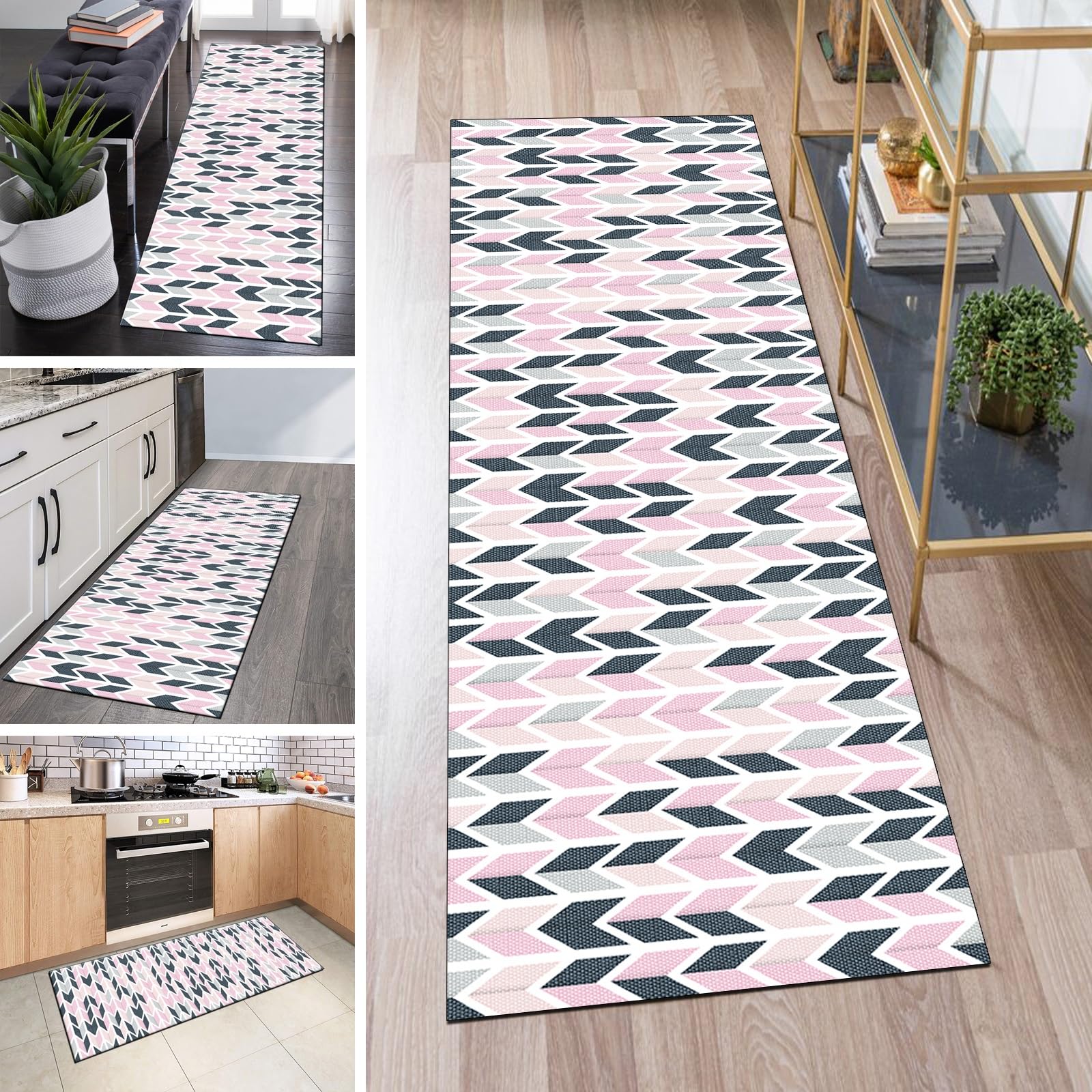 Alfombra larga para pasillo y salón de diseño geométrico lavable de 120 x 180 cm