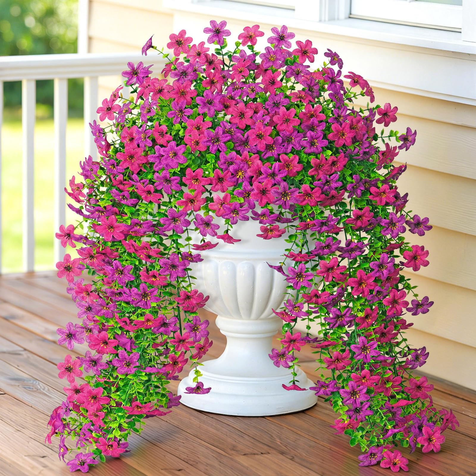 Dremisland 2PCS Artificial Hanging Flowers Outdoor Spring Fake Trailing Flower Bouquet 16 Branches Purple Rose Red Hanging Vine Drooping Plant Daisy Faux Long Trailing Vine Home Garden Yard Balcony