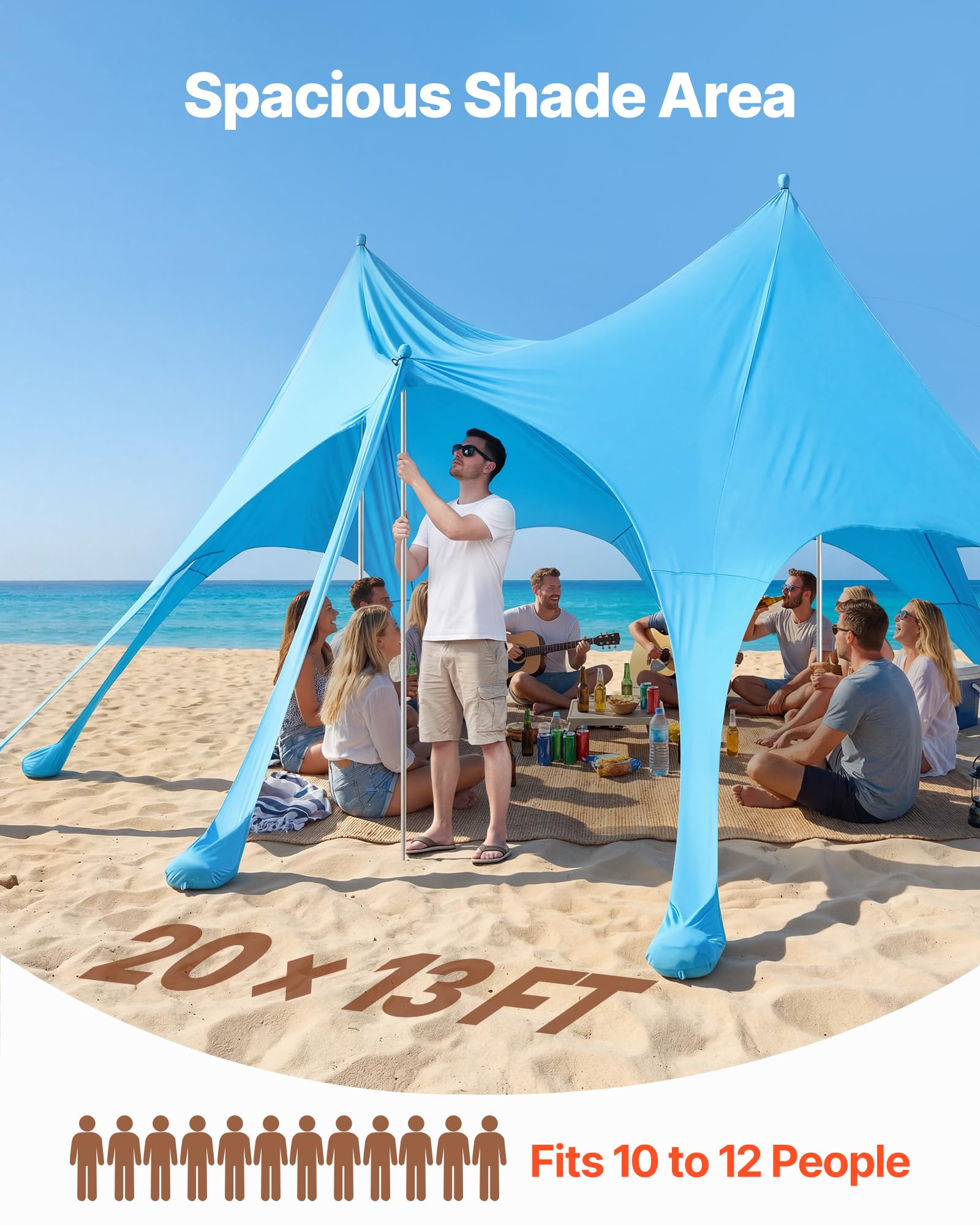 VEVOR UPF50+ ochrona przed słońcem, namiot plażowy, 2,8 m wysokości, 6 x 4 m, łatwy wysuwany baldachim plażowy z workami z piaskiem, drążki stabilne, łopatki piaskowe, przenośny, na rodzinne wycieczki