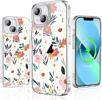 for iPhone 13 Case, Compatible with MagSafe, Unique Colorful Flower Cute Phone Cover, Hard PC+TPU Shockproof, Women Girl Retro Floral Protector Skin for 13