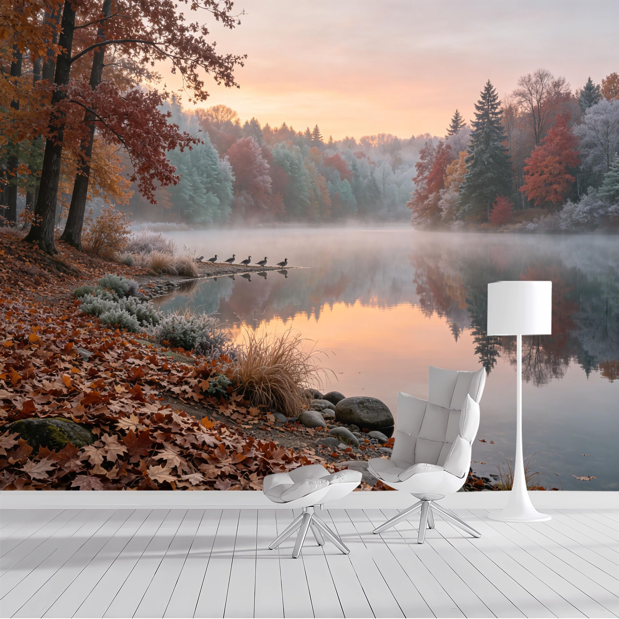 Custom Size Wall Mural Autumn Landscape Misty Lake Sunrise Scenic Watercolor SelfAdhesive Wall Fabric Removable Peel and Stick Wallpaper Wall Decor for Living Room Bedroom Bathroom