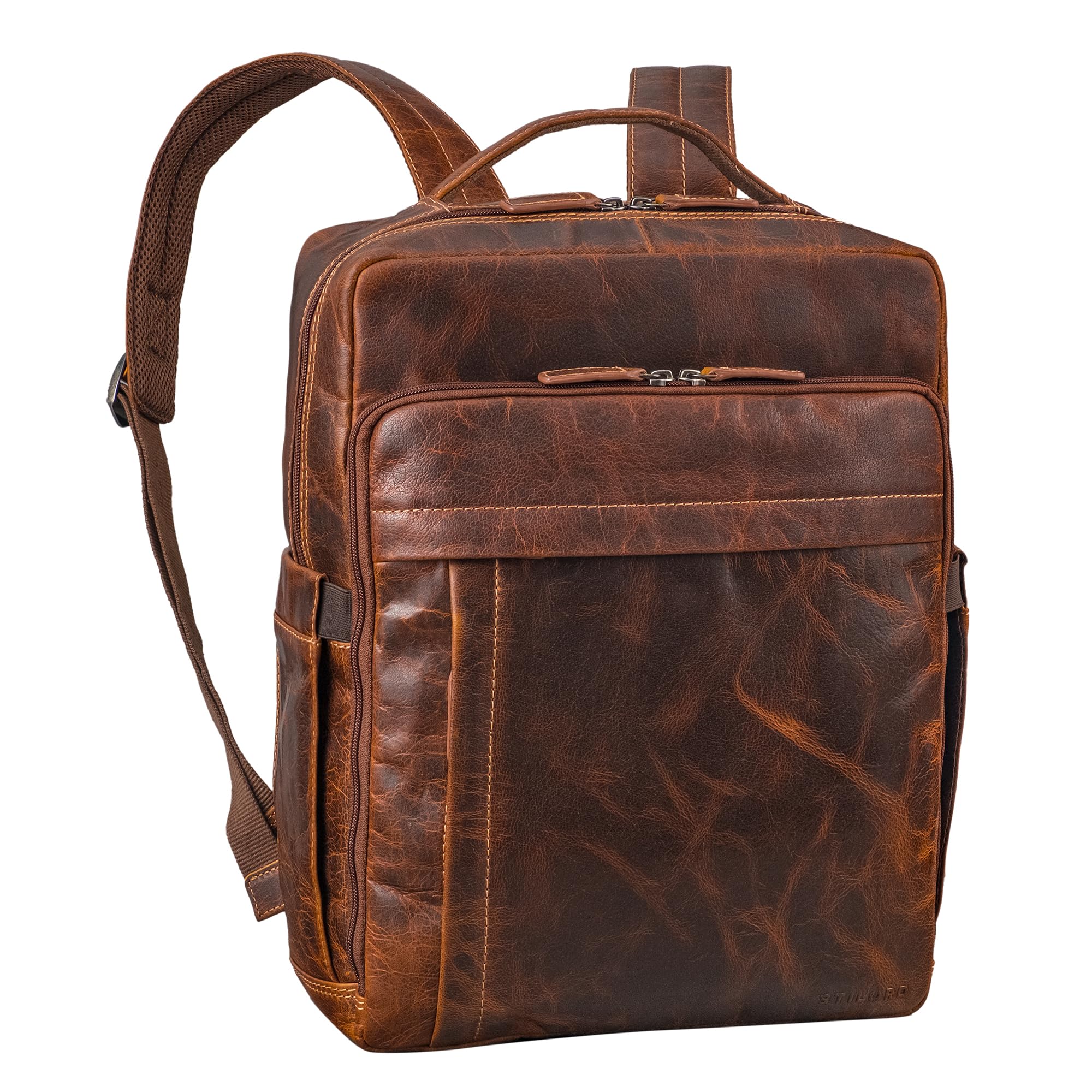 STILORD Aldo Mochila Cuero Genuino - Mochila de Piel Hombre y Mujer con Compartimento para Laptop de 15-16 Pulgadas - Macuto de Cuero con Sistema de Acoplamiento para Carrito Color:luino - marrón