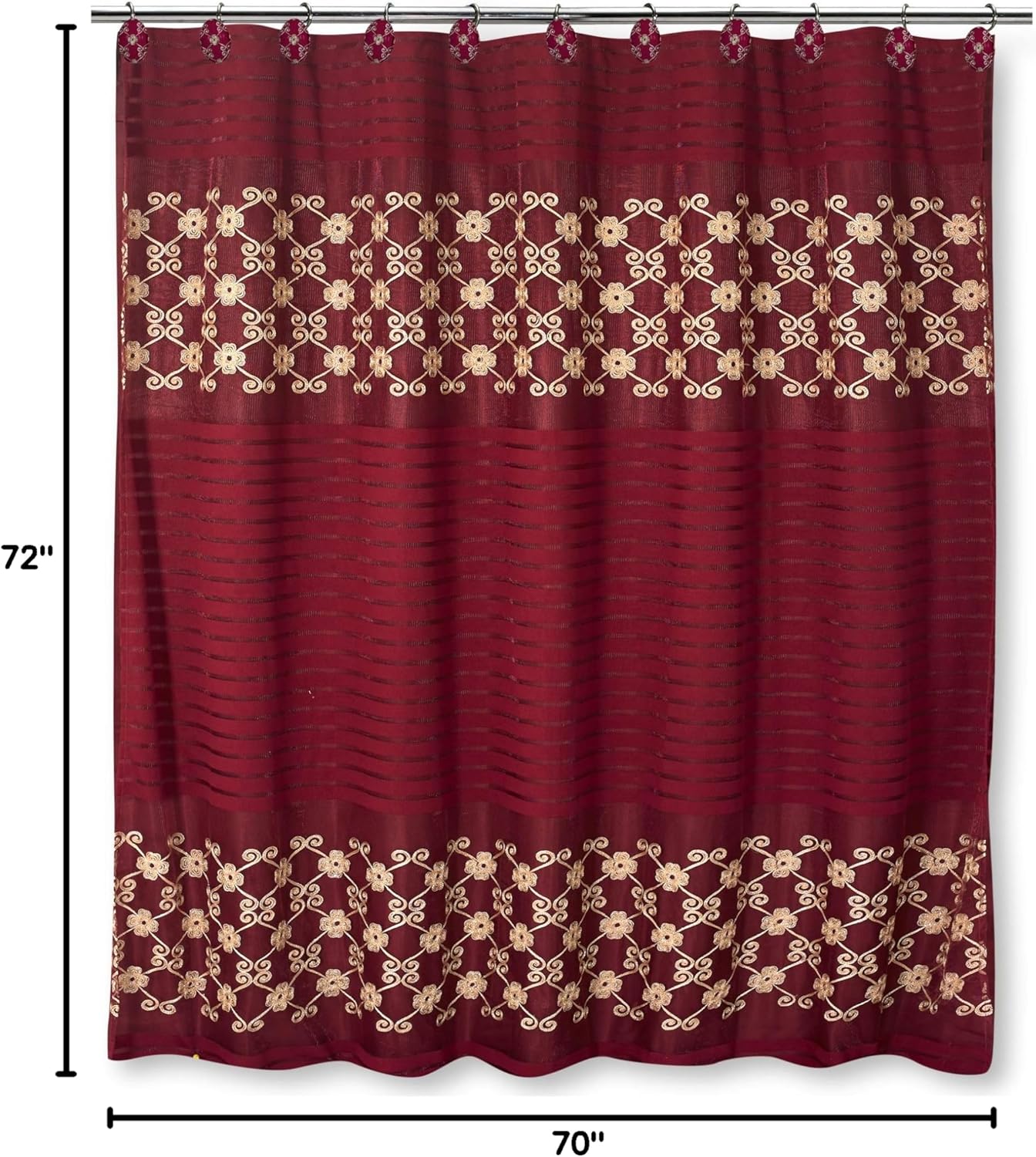 Popular Bath Shower Curtain, Vlegant Rosa Collection, 70" x 72", Burgundy/Gold
