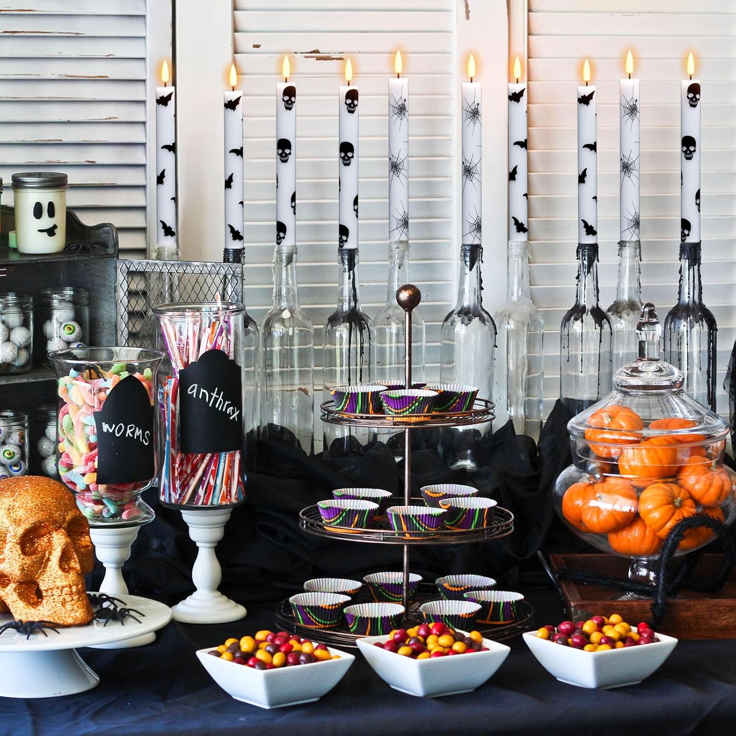 GenSwin Flameless Taper Candles with Remote Timer, 6Pcs LED Flickering Taper Candles Battery Operated Real Wax with Spider Webs/Skull/Bats Decals for Halloween Spooky Decoration (White, 0.78”x9.65”) - Image 3