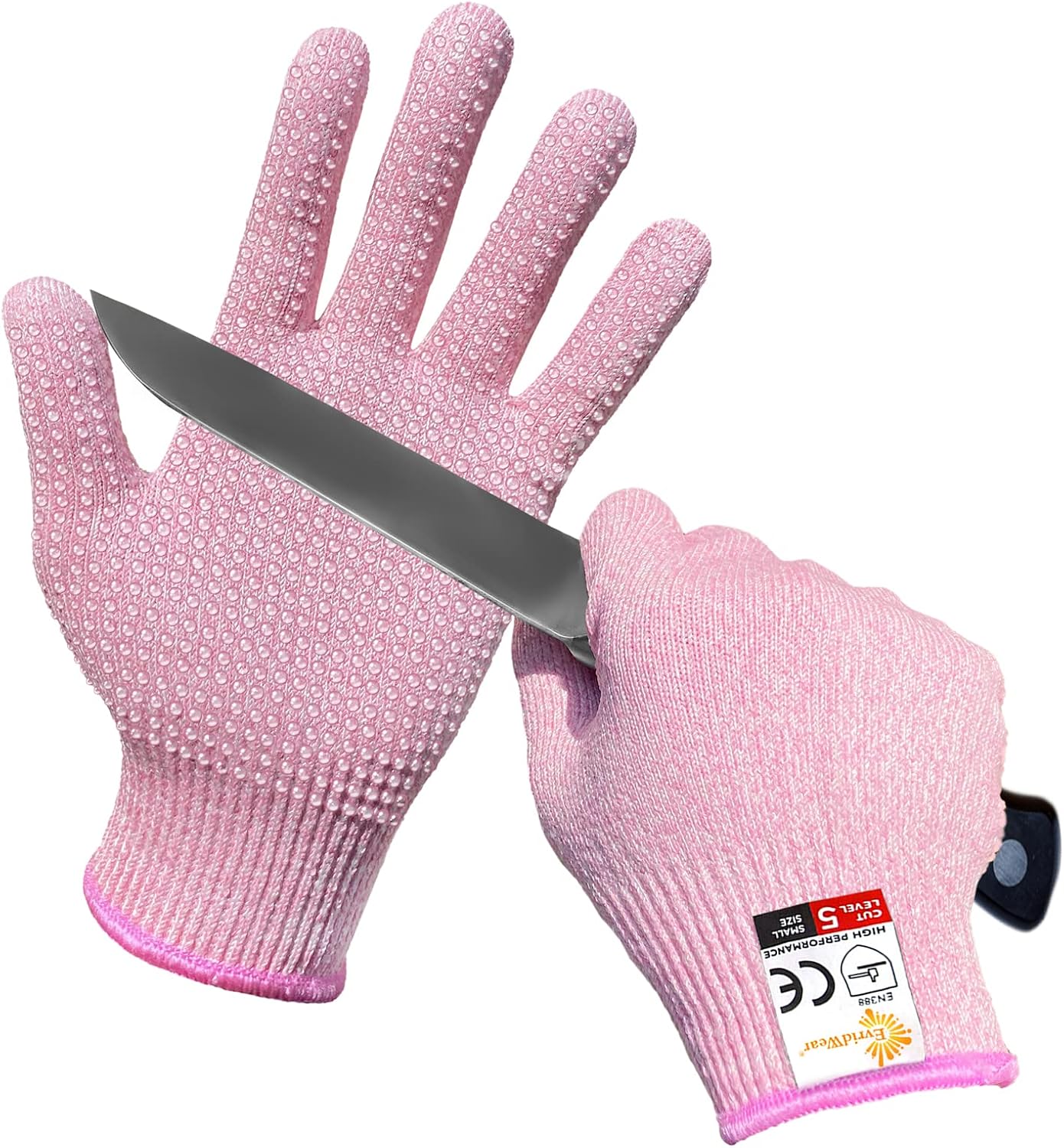 Evridwear Cut Resistant Work Gloves with Grip Dots, Food Grade Level 5 Safety Protective Cutting Glove for Kitchen, Whittling,Mandolin (Pink with dots, Medium)