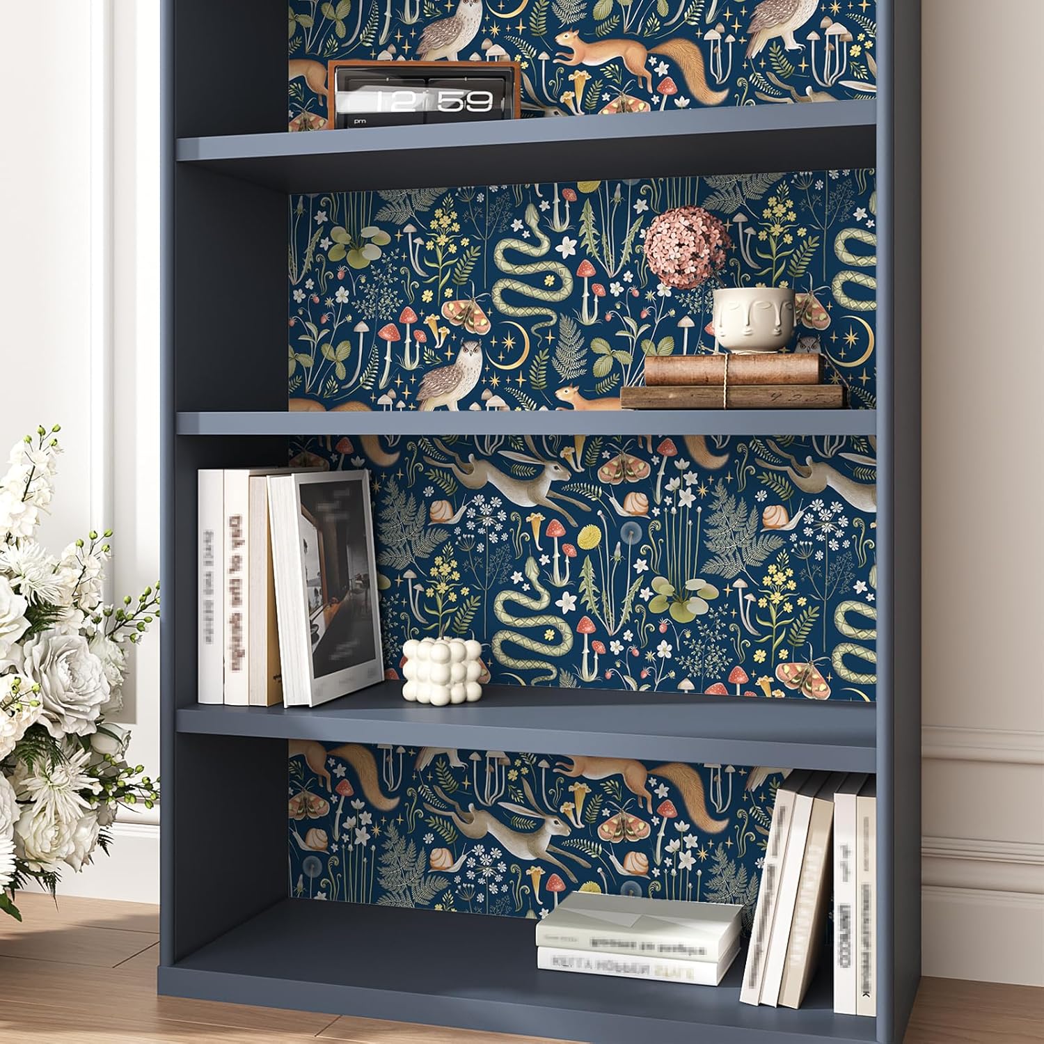 VEELIKE Deep Navy Fairy Forest Wallpaper Peel and Stick Boho Mushroom Wallpaper for Nursery Bedroom 17.7''x118'' Self Adhesive Whimsical Woodland Forest Wall Mural Contact Paper for Cabinets Shelves