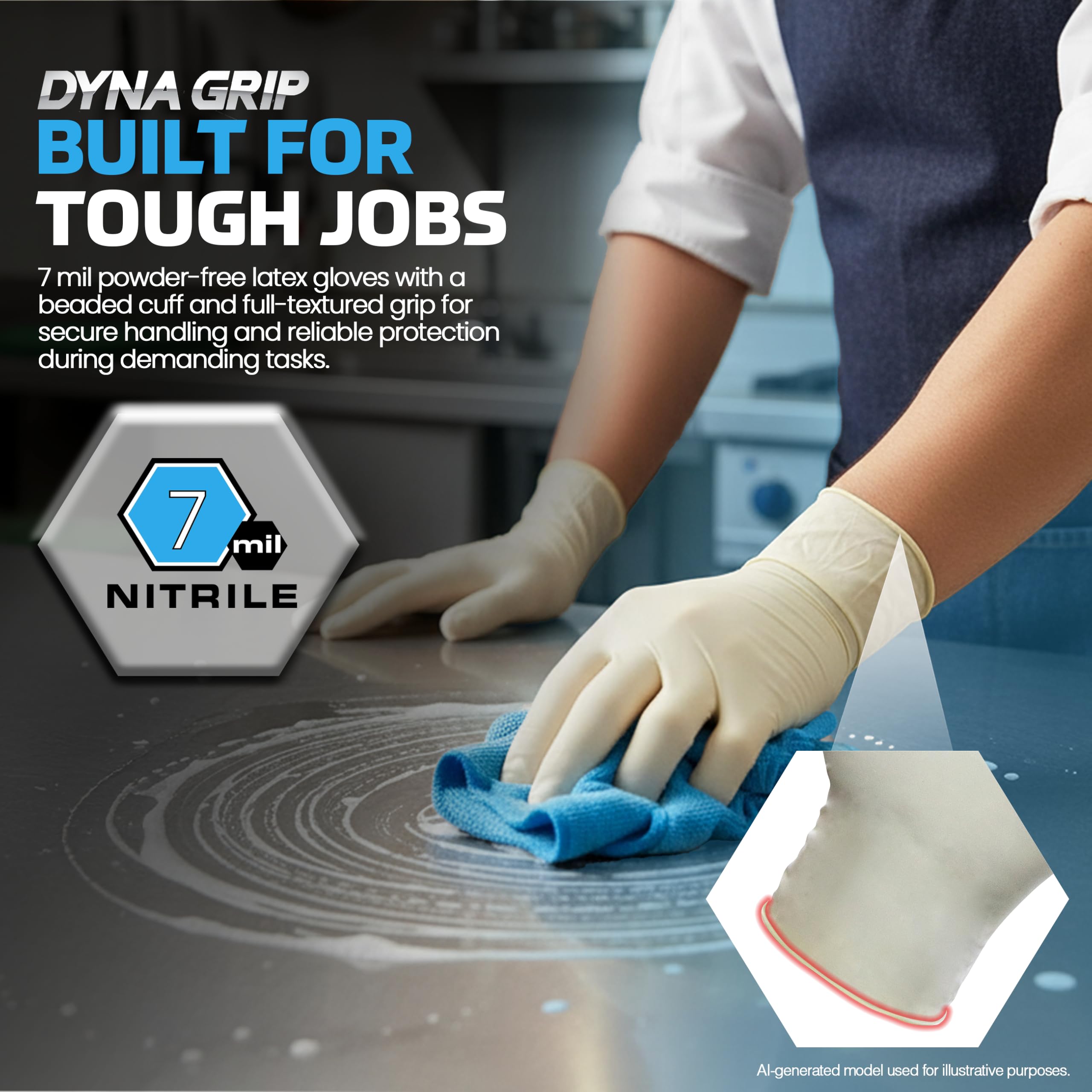 Dyna Grip 650-1001 Gants jetables en latex non poudrés de qualité supérieure - 10 boîtes/1000 gants - 7 mm au total - Taille S - Grip texturé, poignet perlé, usage unique