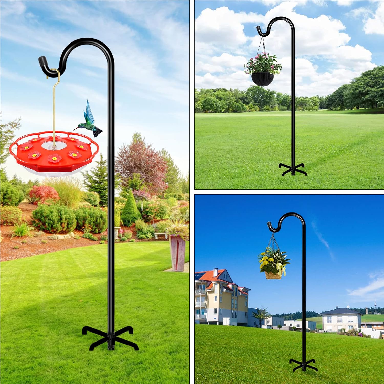 FEED GARDEN 60 Inch Outdoor Shepherd Hook with 5 Prongs, 2 Pack 5/8 Inch Adjustable Pipe, Premium Steel Bird Feeder Pole for Hanging Lantern, Flower Basket and Christmas Decorations, Black