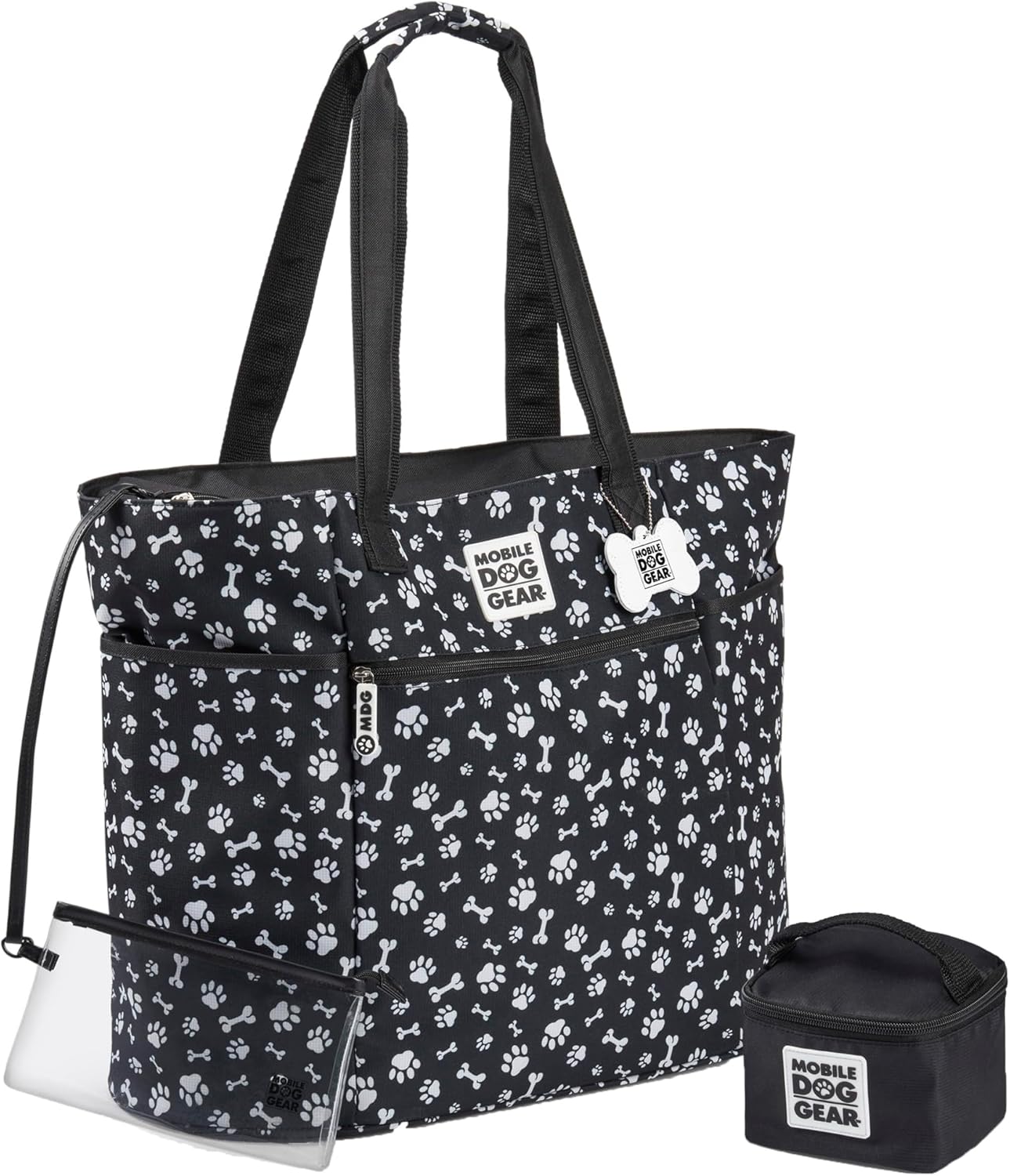 Mobile Dog Gear, Dogssentials Dog Tote Large Travel Bag, Includes Lined Food Carrier and Clear Wristlet Pouch, Meets Airline Requirements, 19 Inches x 17 Inches, Black/White Paw Bone Print