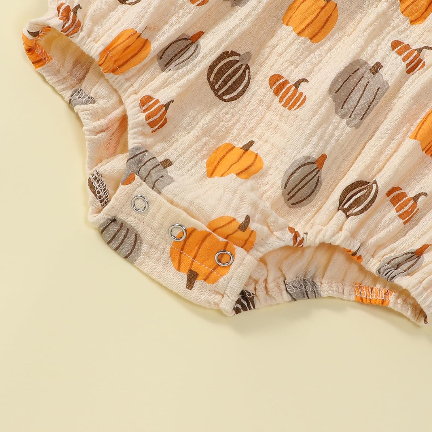 Newborn Baby Girls Halloween Outfits Pumpkin Print Ruffles Smocked Puff Sleeve Cotton Linen Romper Fall Bodysuit - Image 7