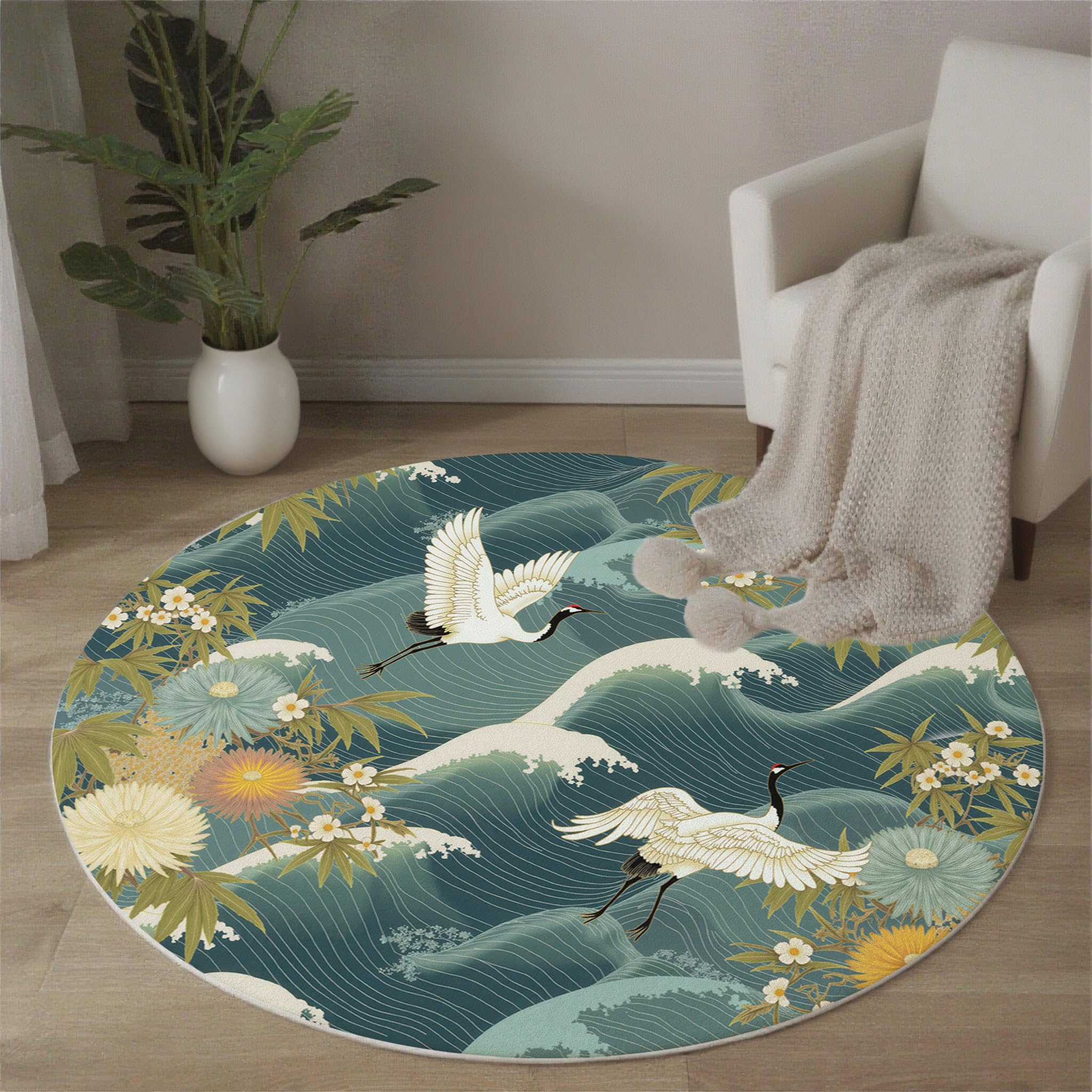 Tapis de style art oriental haut de gamme avec bords cousus et motifs grues pour salon chic