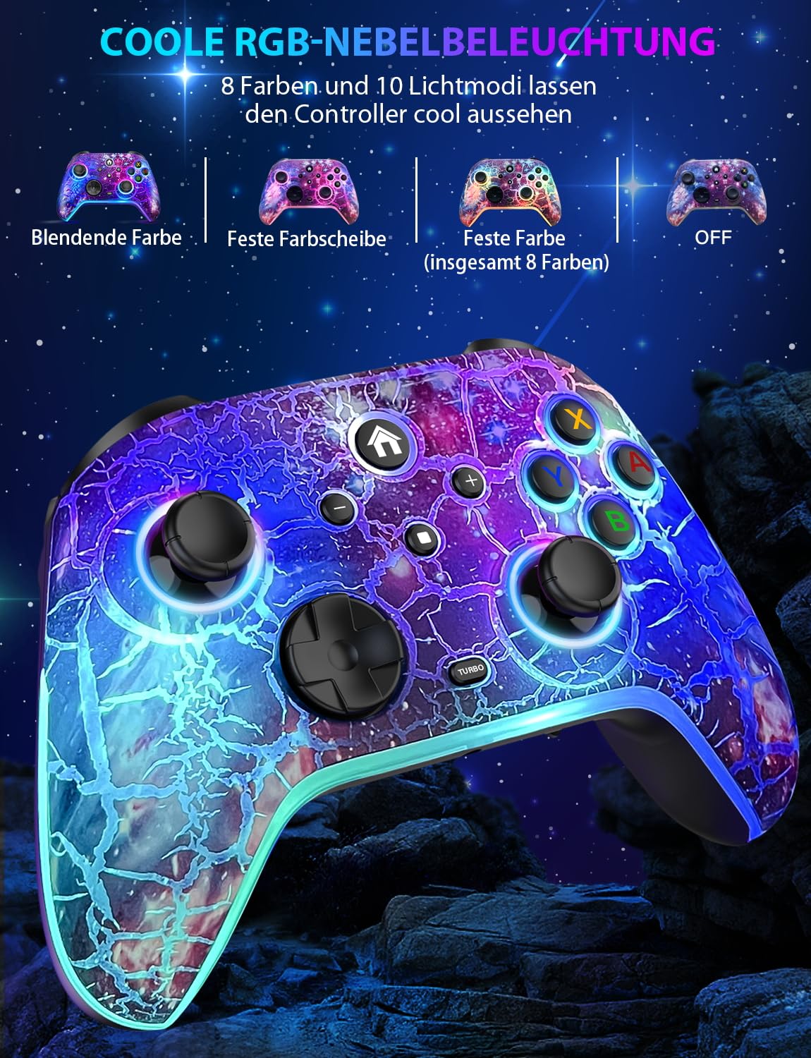Switch Pro Controller für Nitendo Switch/Oled/Lite/Switch 2 - 1200 mAh Wiederaufladbar Wireless Switch Controllers mit 9 RGB Licht, Programmierbar, Wake Up Funktion, Turbo, Vibration - Sternenhimmel