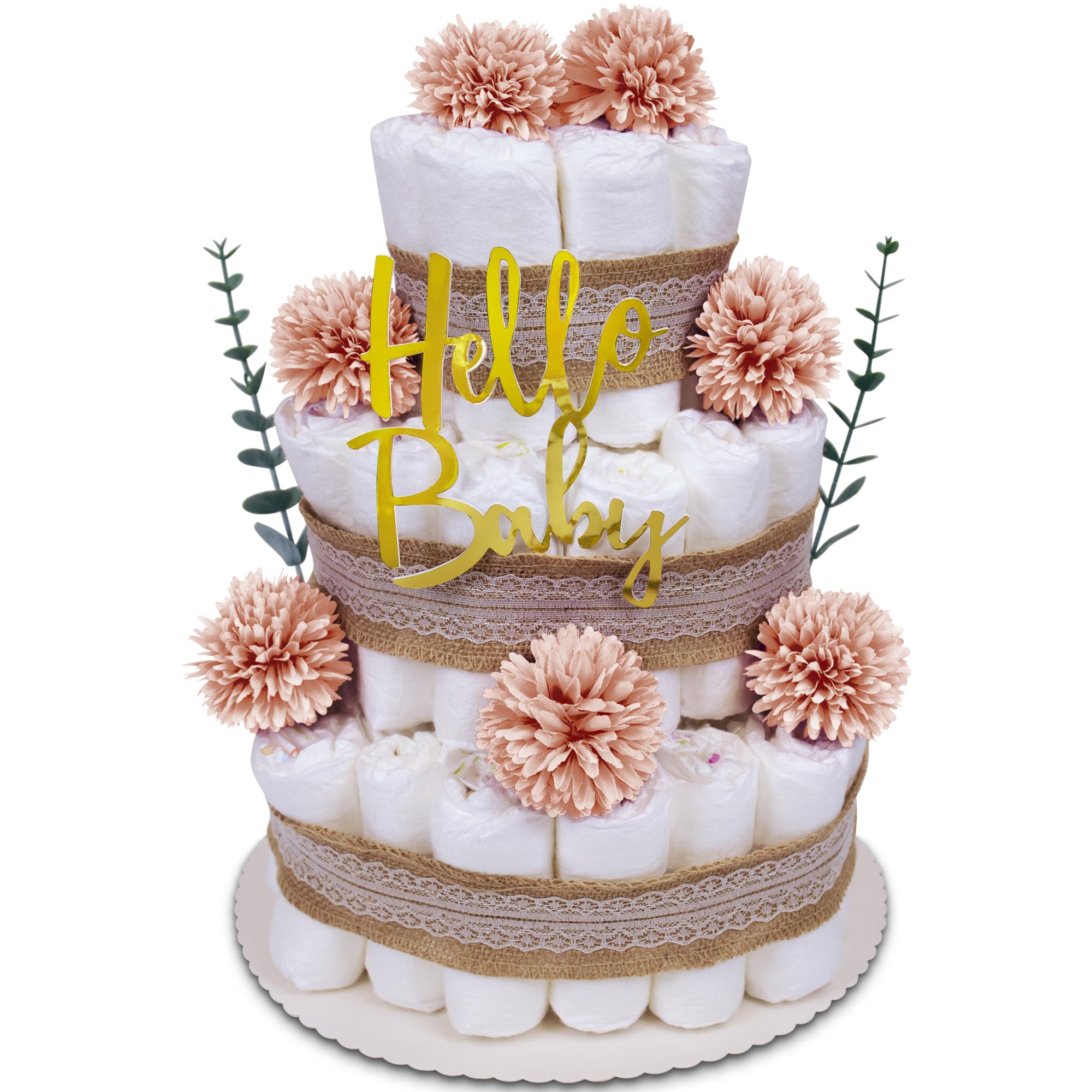 MilaBoo® 3-stöckige Windeltorte Vintage Eukalyptus rosa I hochwertiges Neugeborenen Geschenk mit Windeln (3-stöckig rosa)