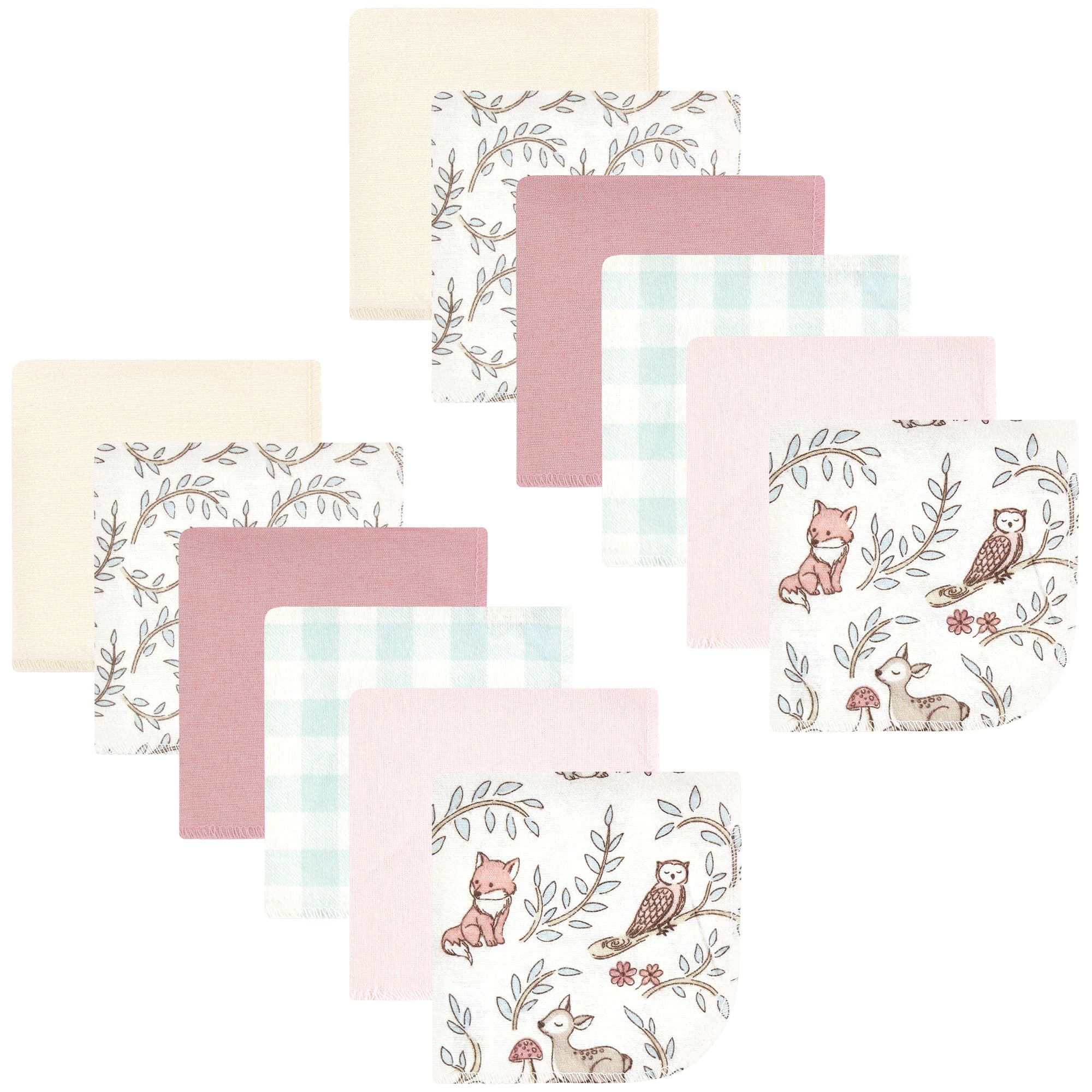 Hudson Baby Unisex Baby Flannel Cotton Poly Washcloths, Girl Woodland Pals 12Pk, One Size