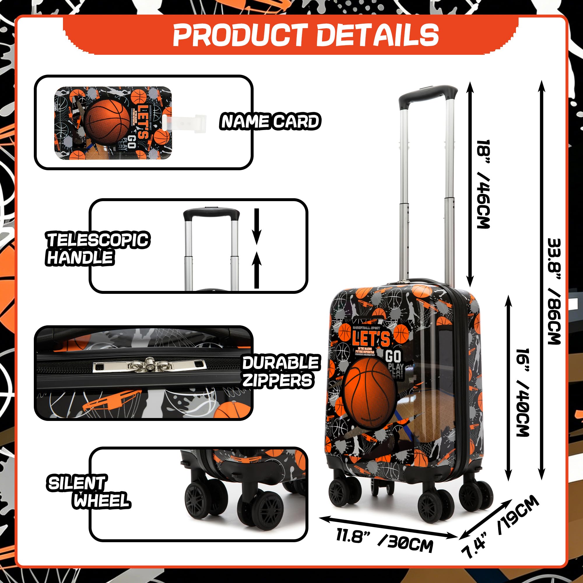 HTgroce Valigie per Bambini Basket– Trolley Bambini Rigido con 4 Ruote Girevoli 360° – Include Zainetto – Ragazzo Bagaglio a Mano per Viaggi e Aereo