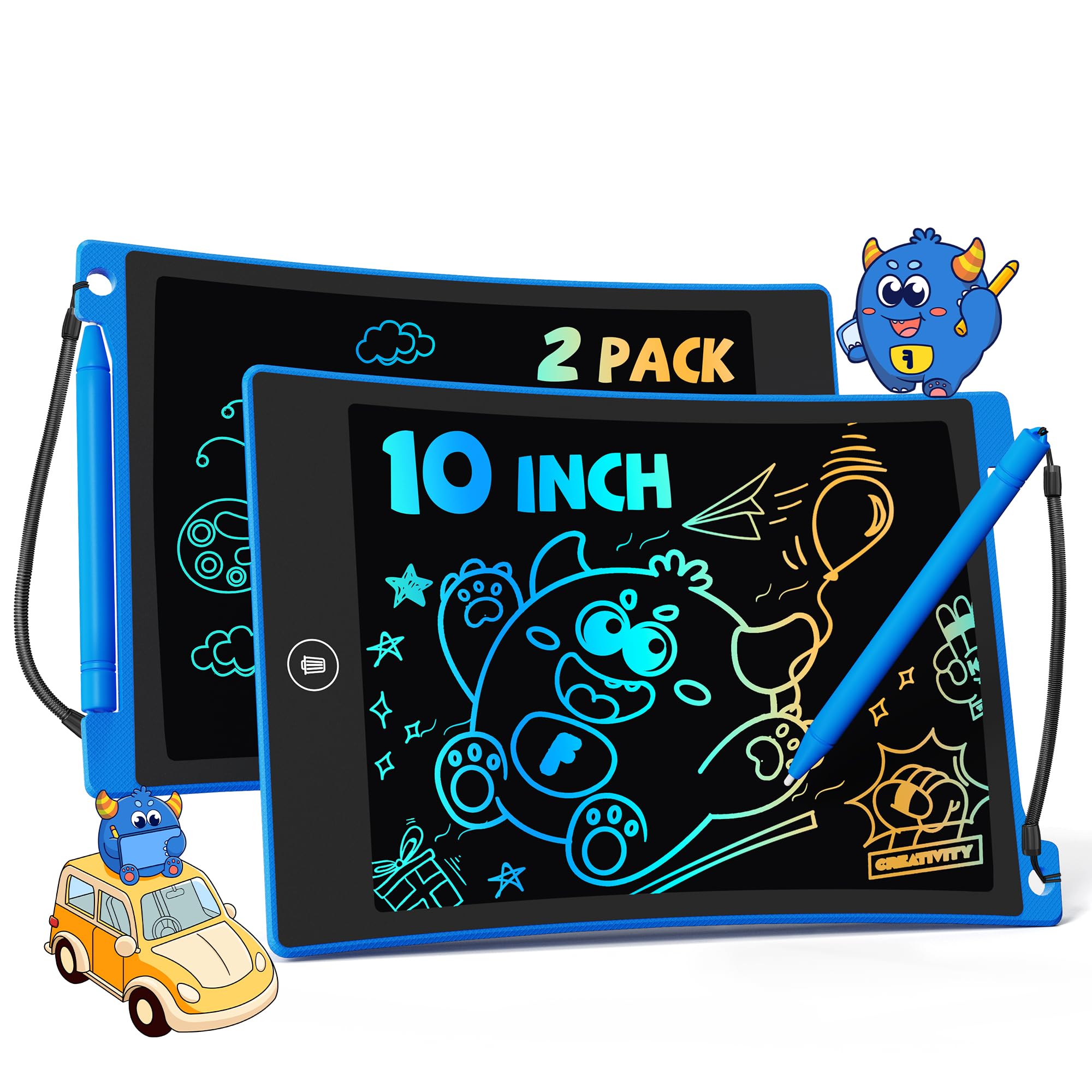 TEKFUN 2 Pack LCD Writing Tablet 10inch Erasable Colorful Drawing Tablet Writing Drawing Board with Lanyard, Travel Educational Toys Gifts for Kids 3+ Years Old Boys Girls Toddlers (2*Blue)