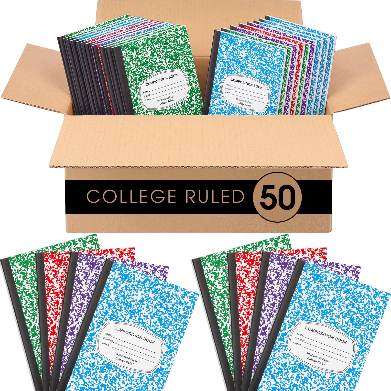 Fainne Confezione da 50 quaderni a righe per composizione universitaria, formato A5, 14 x 21 cm, 30 fogli a righe con copertina marmorizzata, quaderni per università, ufficio, scuola (colorati)
