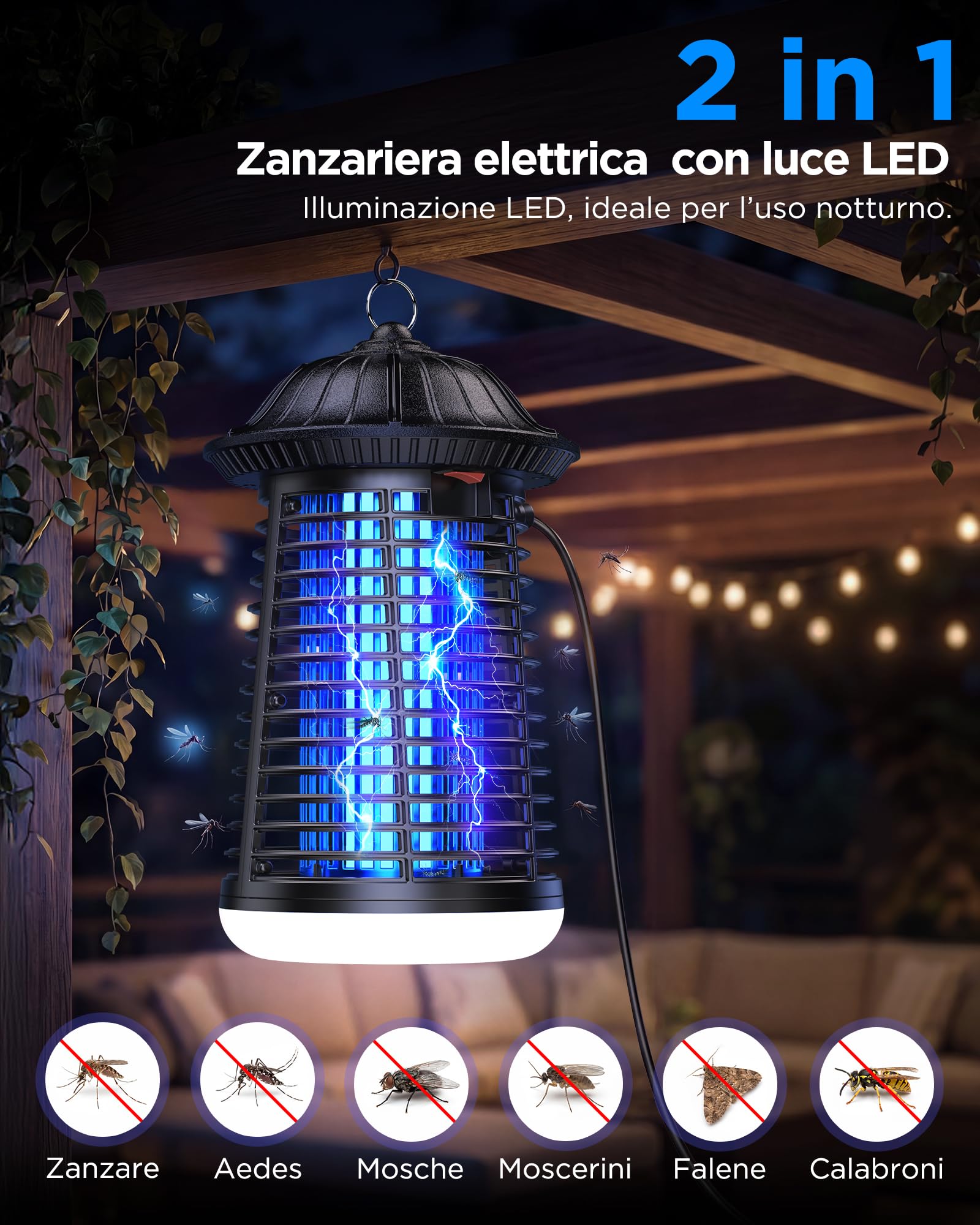 VIWAVE Lampada Antizanzare Elettrica, 4200V 15W UV Zanzariera con Luce LED, Antizanzare da Interno ed Esterno Impermeabile IPX4, Trappola Zanzare, Zanzare Elettrico per Casa Giardino Cucina