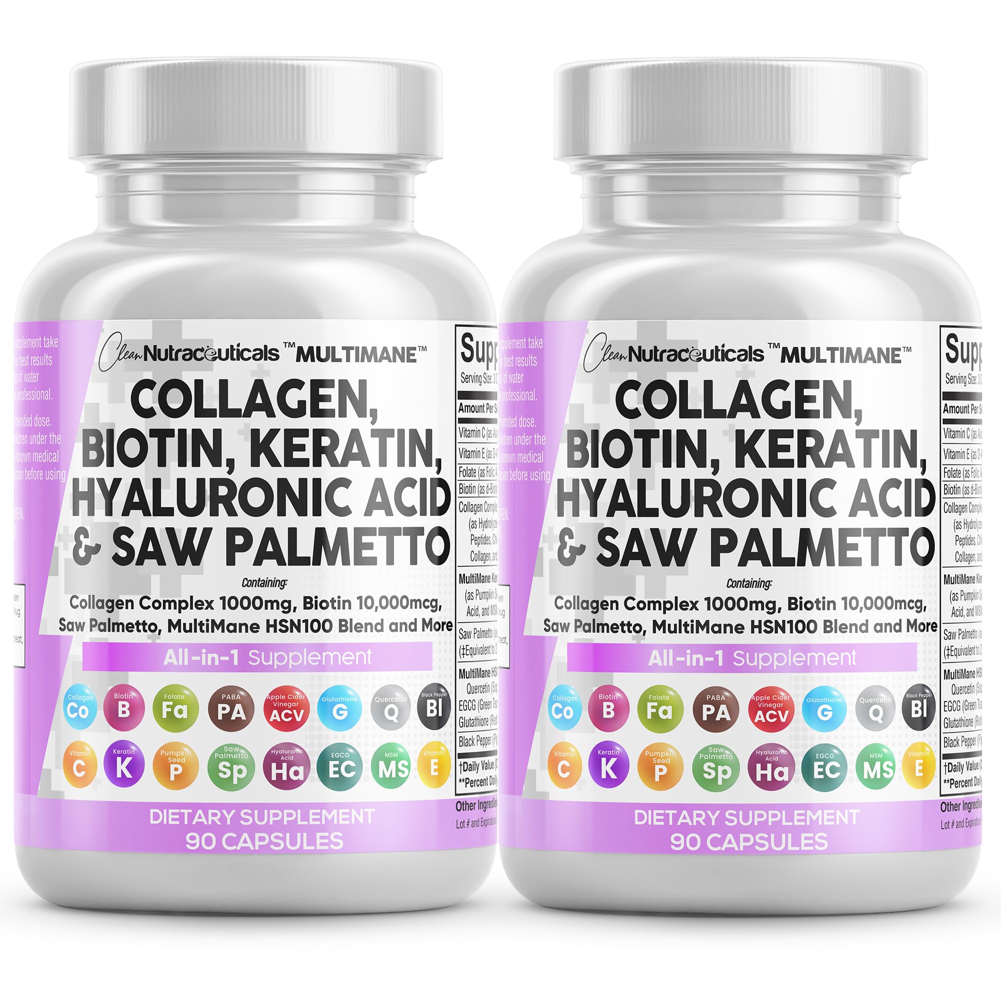 Clean Nutraceuticals Collagen Pills 1000mg Biotin 10000mcg Keratin Saw Palmetto Hyaluronic Acid - Hair Skin & Nails Vitamins & DHT Blocker (90 Count (Pack of 2))
