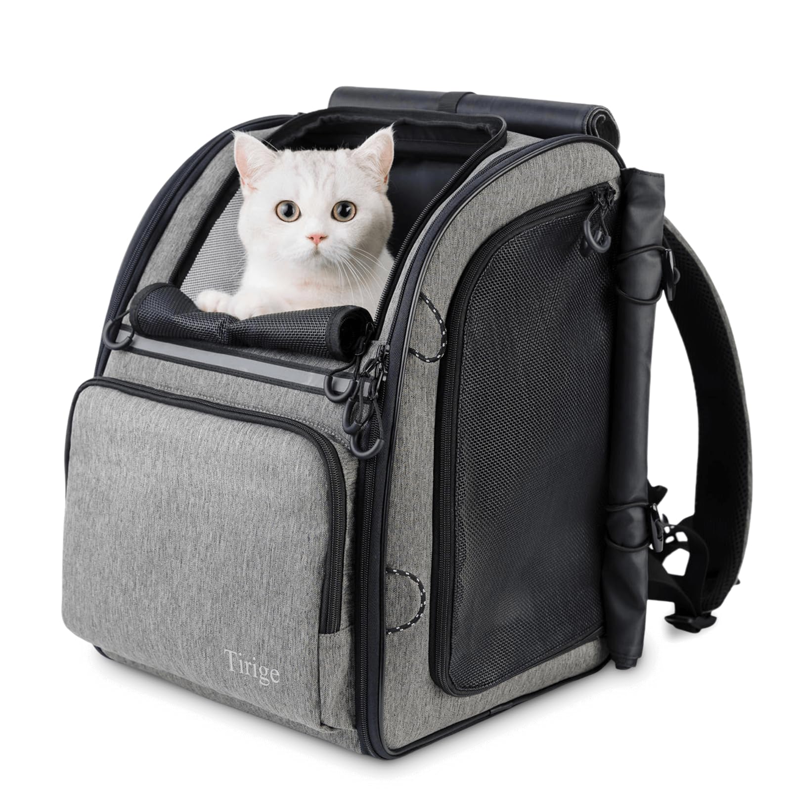 Tirige Premium Dog & Cat Carrier Backpack for Travel, Hiking & Vet Visits - Solid Durable Pet Backpack with Breathable Mesh, Safety Strap, Anti-Anxiety Curtain & Storage Pockets, Gray