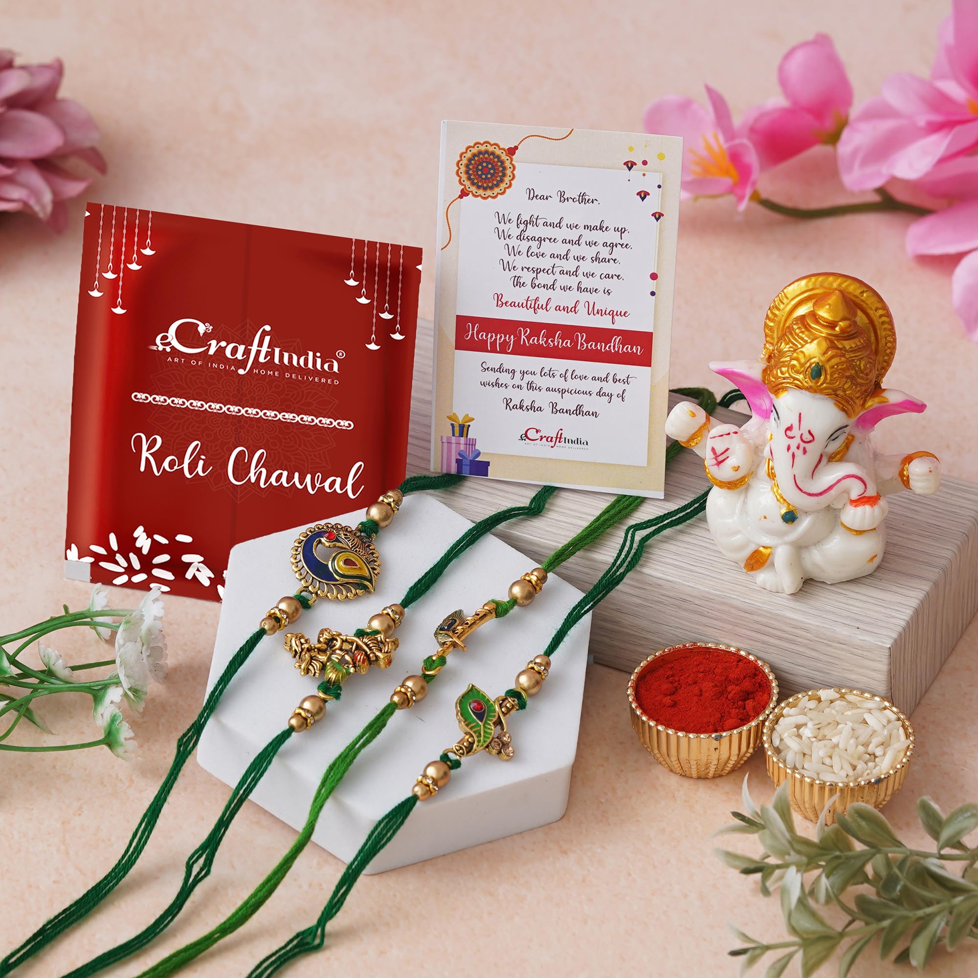 eCraftIndia Multicolor Set of 4 Radha Krishna Playing Flute, Peacock, Krishna Flute, Peacock Feather Designer Religious Rakhis with Roli Chawal Pack, Greeting Card, and Lord Ganesha Idol-picture-13