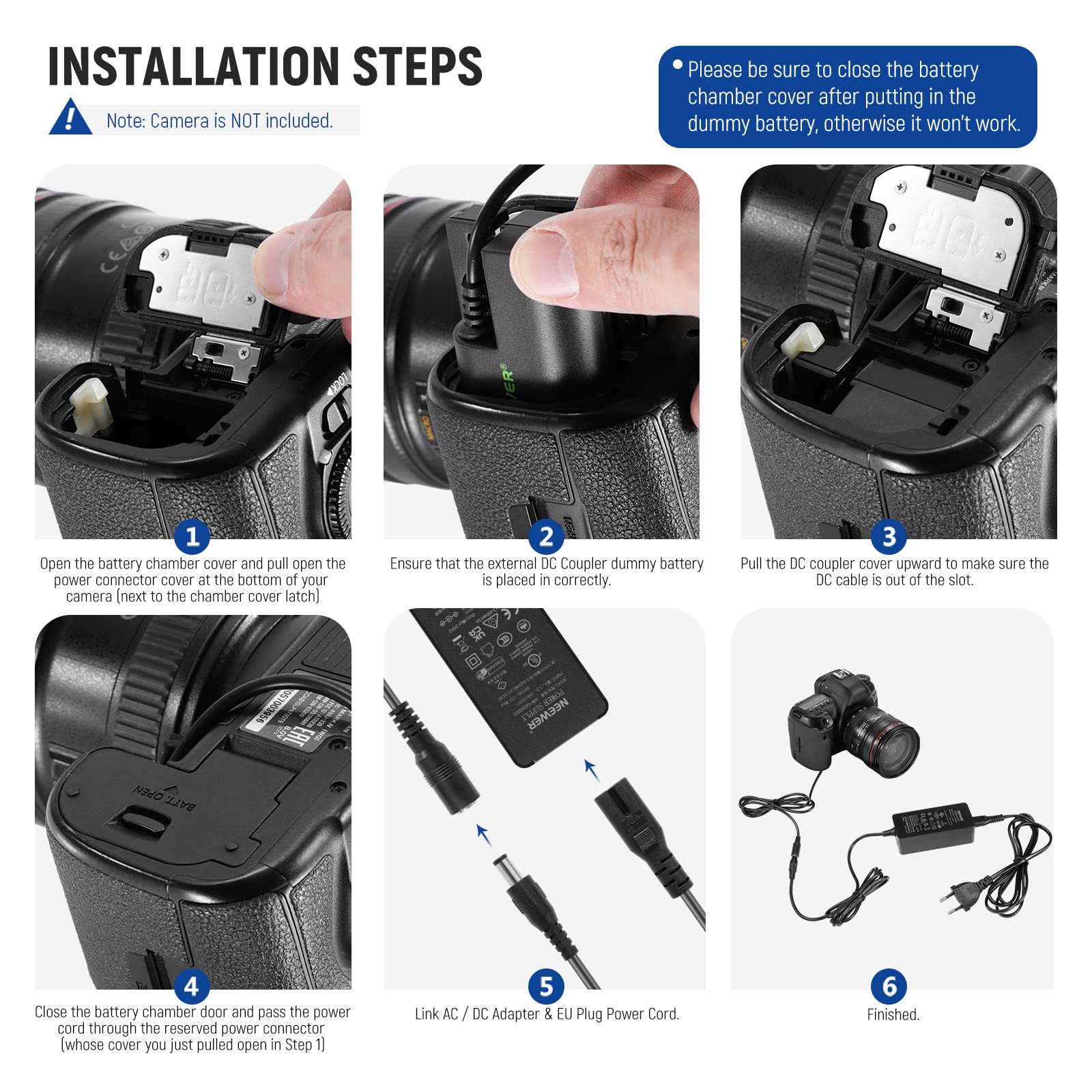 NEEWER Dummy Batterie Ersatz für LP-E6 LP-E6N LP-E6NH mit DC Koppler und AC Netzteil Kompatibel mit Canon EOS R Ra R5 R5C R6 R6II R7 5D 6D 7D Mark II/III/IV 5DS 5DSR 60D 70D 80D 90D