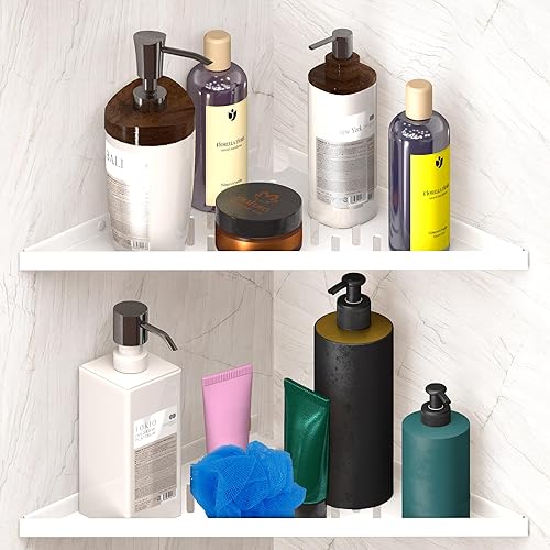 Estante esquinero para ducha interior, adhesivo, palo, taladro, sin taladro, estantes flotantes de 14 pulgadas de esquina blanca para baño, pared de