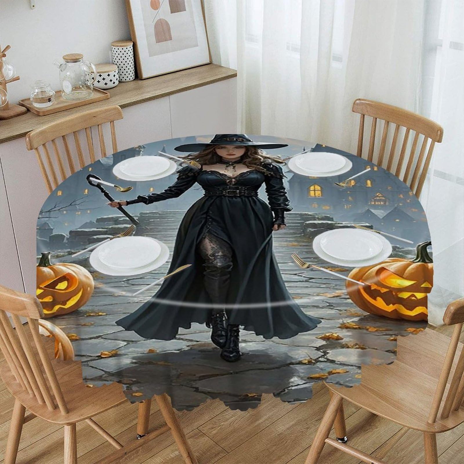 VstaDank Witches Round Tablecloth 60 Inch Easy to Clean Circle Table Cover Thick Decorative Round Polyester Table Cloth for Dining Kitchen Party Farmhouse Outdoor