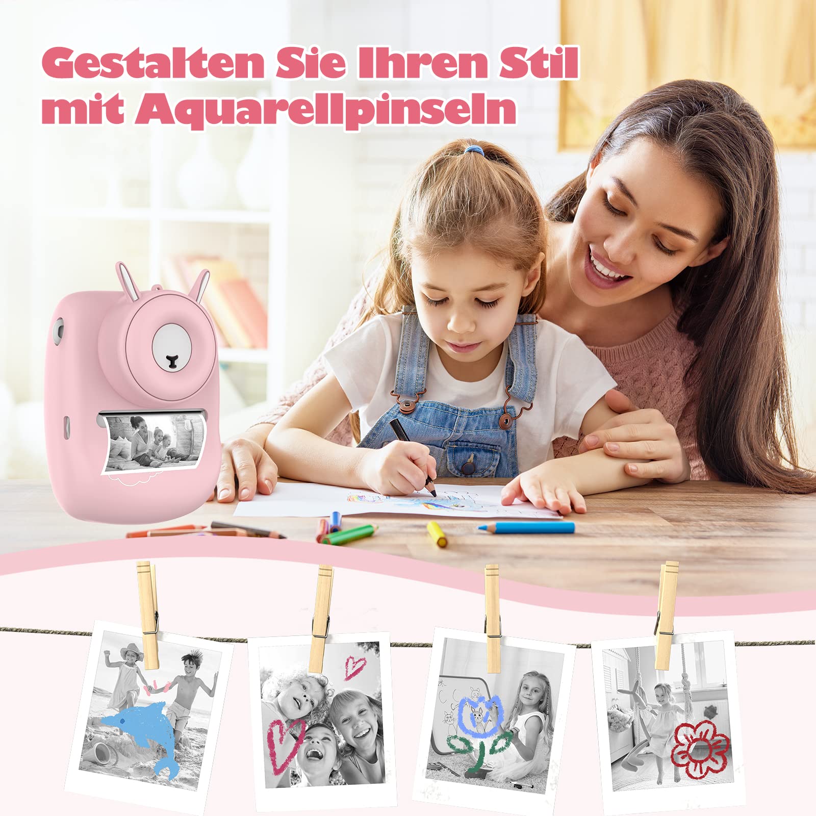 Fotocamera per bambini, 30 MP, fotocamera istantanea per bambini, stampa in bianco e nero, con schermo da 2,4 pollici, fotocamera digitale per bambini con scheda TF da 32 GB, doppia fotocamera, Rosa