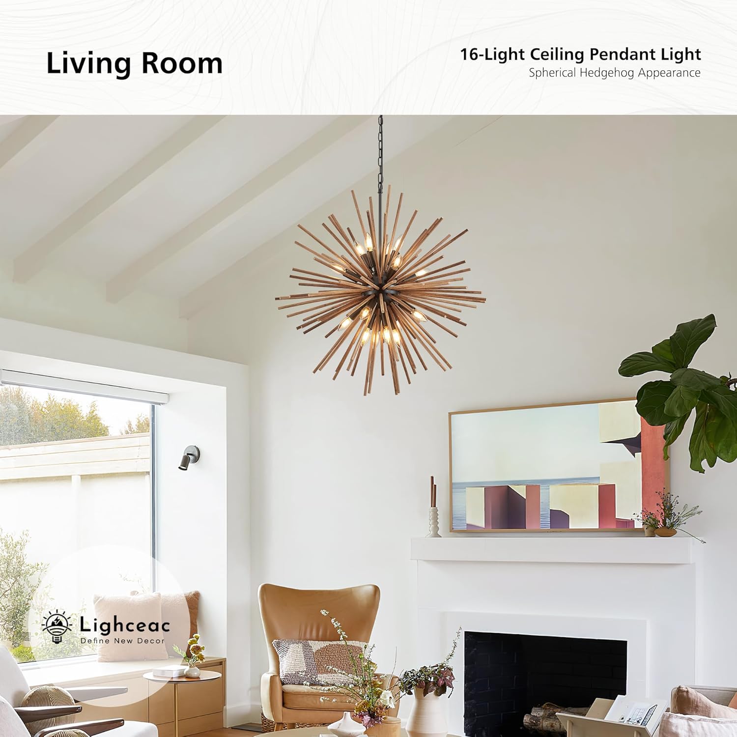 31.3" Farmhouse Sputnik Chandelier for Dining Room Rustic Handmade Natural Wood 16-Light Hanging Ceiling Pendant Light Fixture Starburst Wood Chandeliers for Kitchen Bedroom Foyer Hallway