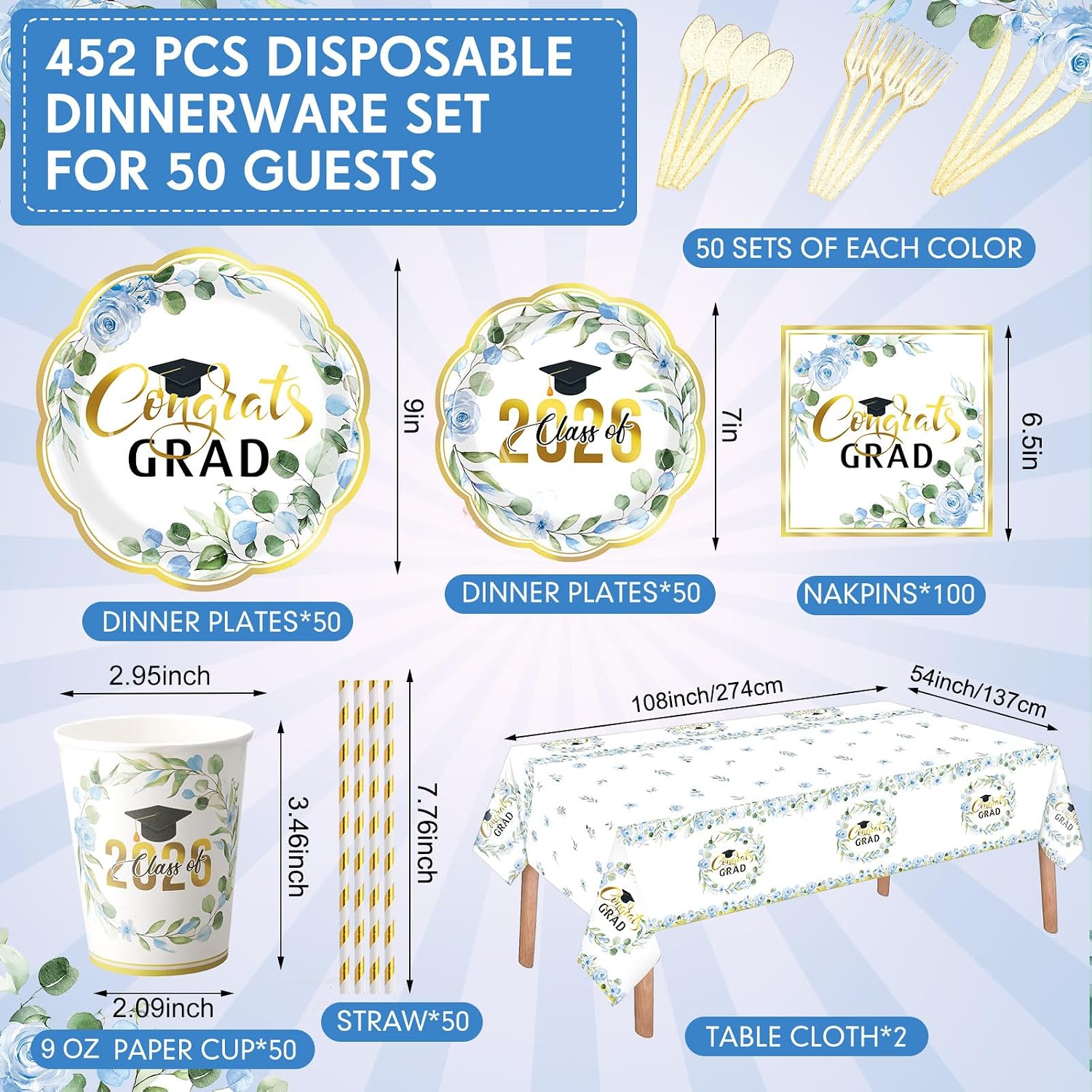 Funnymoom 452 Pcs Class of 2026 Blue Floral Graduation Decoration Party Supply for 50, Blue Gold Congrats Grad Paper Plates Napkins Cup Tablecloth Cutlery Straw for Freshly Graduated Decoration