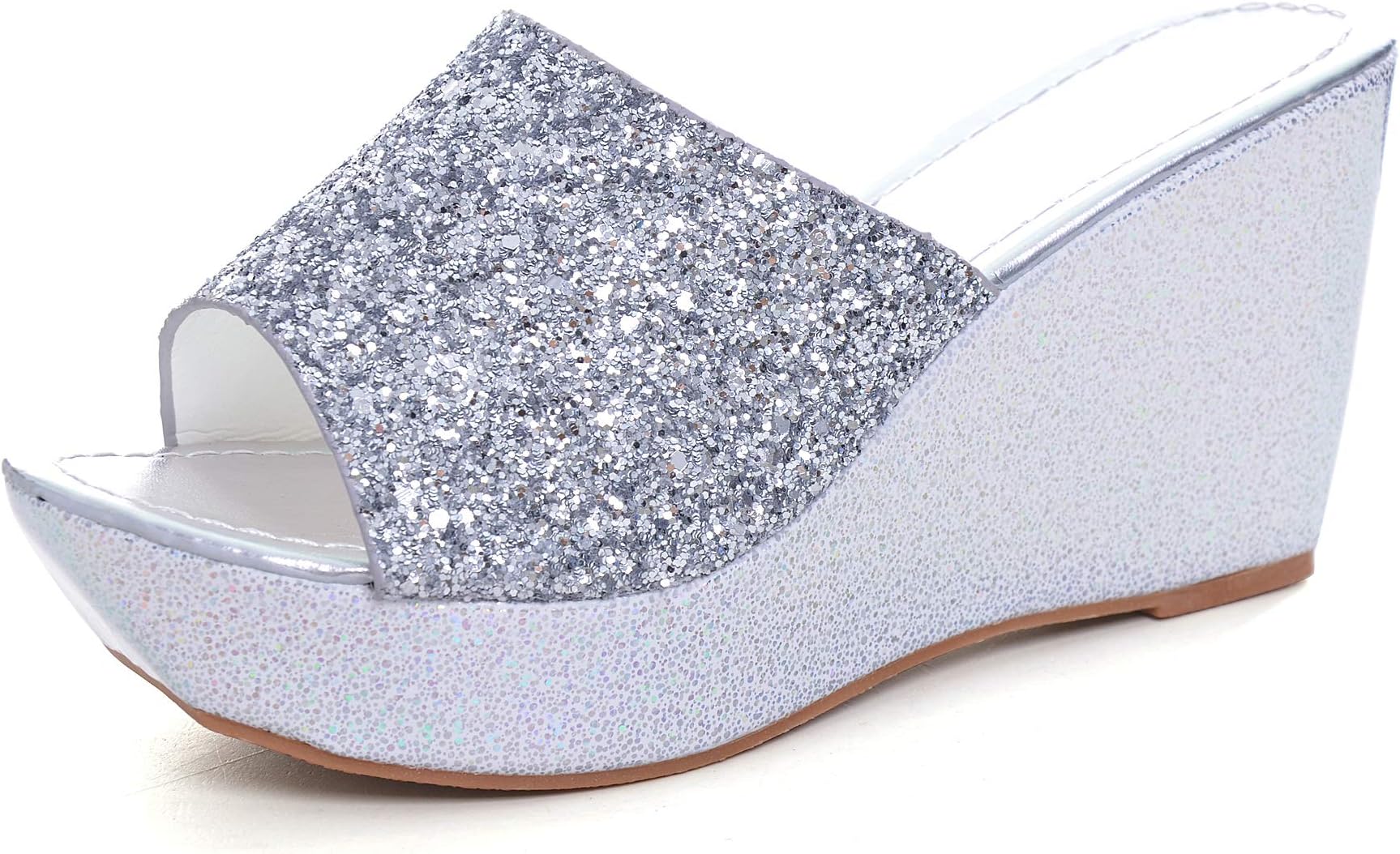 Sequined Bling Women Wedges Slides Sandals Summer Fashion Platform Sandals Mid Heel Peep Toe Dress Slippers Shoes sliver 7-39