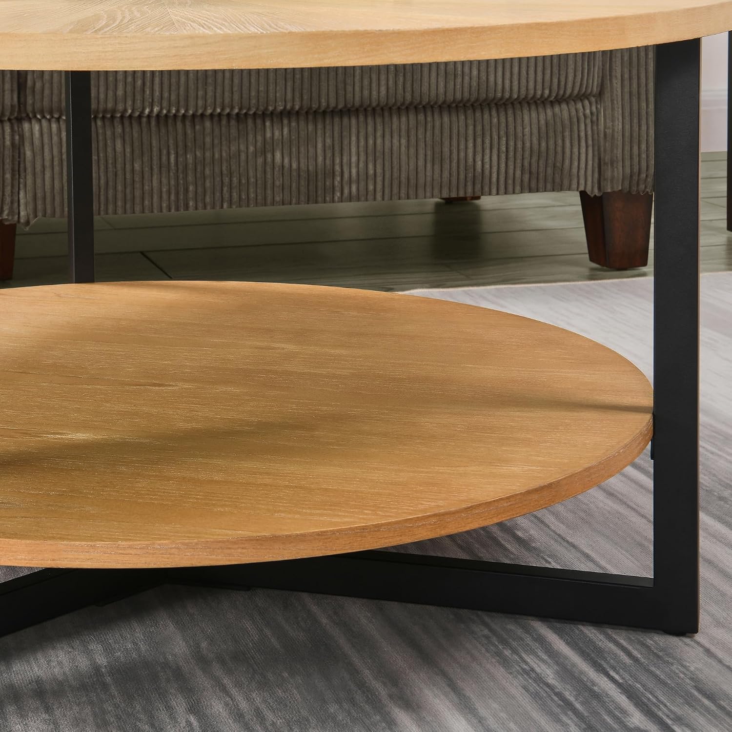 Round Coffee Table with Storage Shelf, 2-teir Sofa Center Table with Metal Leg, 35.3" Living Room Table with Umbrella Shaped Top, Farmhouse Cocktail Table, Easy Assembly, Yellowish Natural KFZ1338-OA