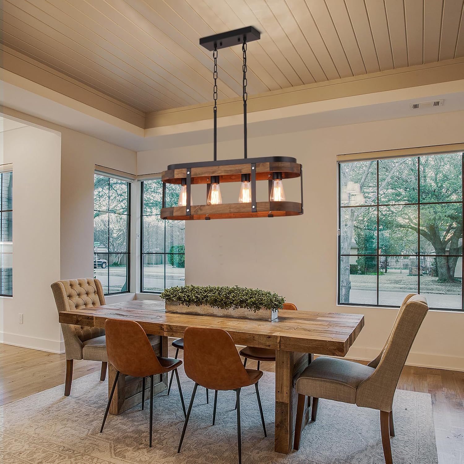 rustic farmhouse wood kitchen island lighting, 4 lights rectangular pendant light fixture, adjustable rods oak wood and metal linear chandelier for kitchen island farmhouse dining room, black large 4 lights