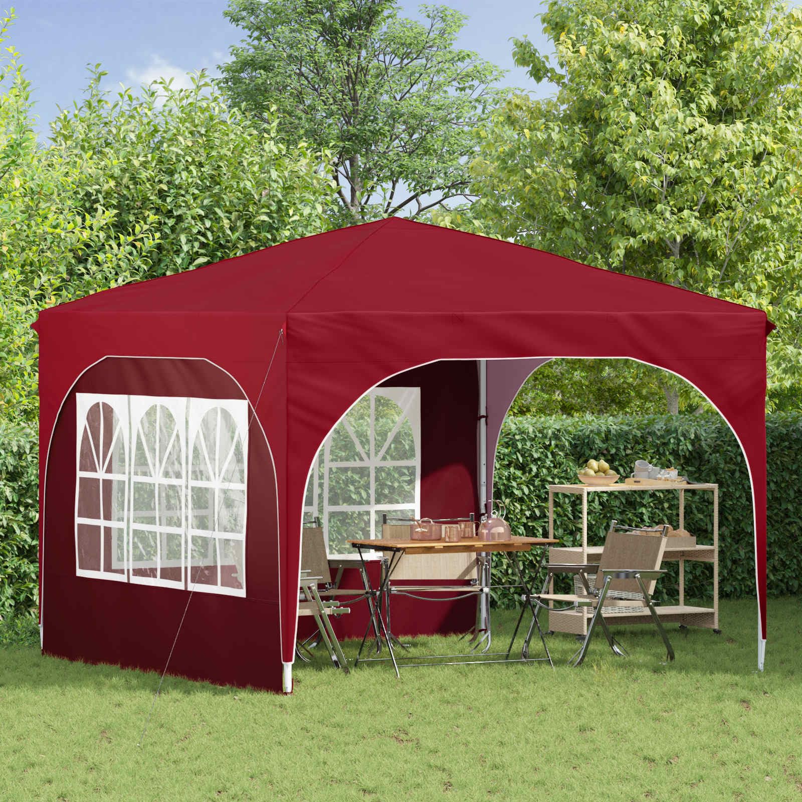 Pop-up namiot imprezowy bordowy 290 x 290 cm, składany i składany, z ochroną UV, wodoszczelny namiot ogrodowy ze stabilnym stelażem stalowym, regulacja wysokości 227-245 cm